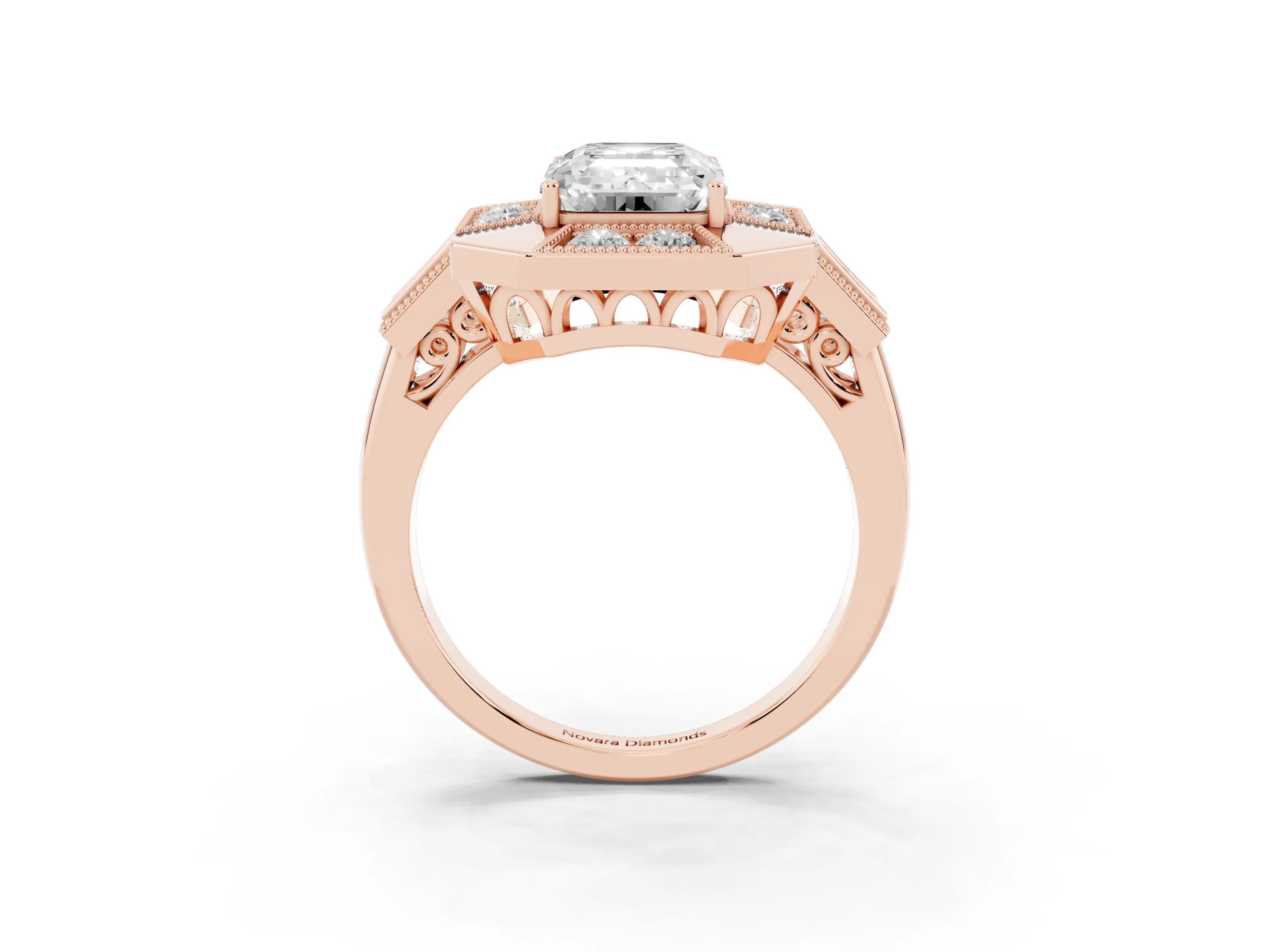 Emerald Cut Diamond Milgrain Halo Ring Set in Rose gold with Split Shank