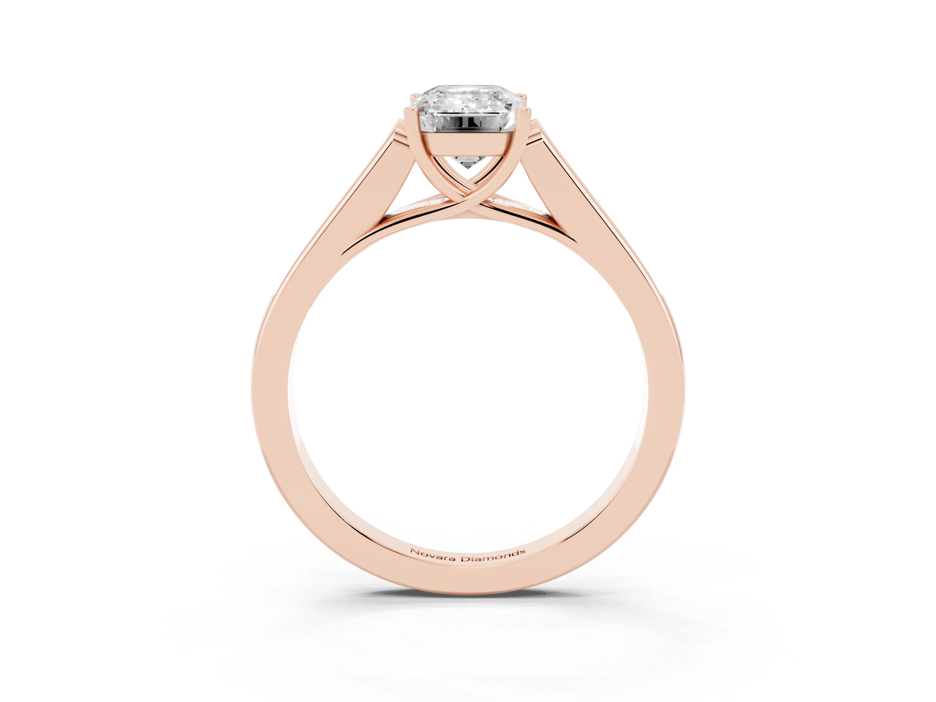 Emerald Cut Diamond Solitaire Cathedral Engagement Ring Set in Rose gold with Channel-Set Band and Prong Setting