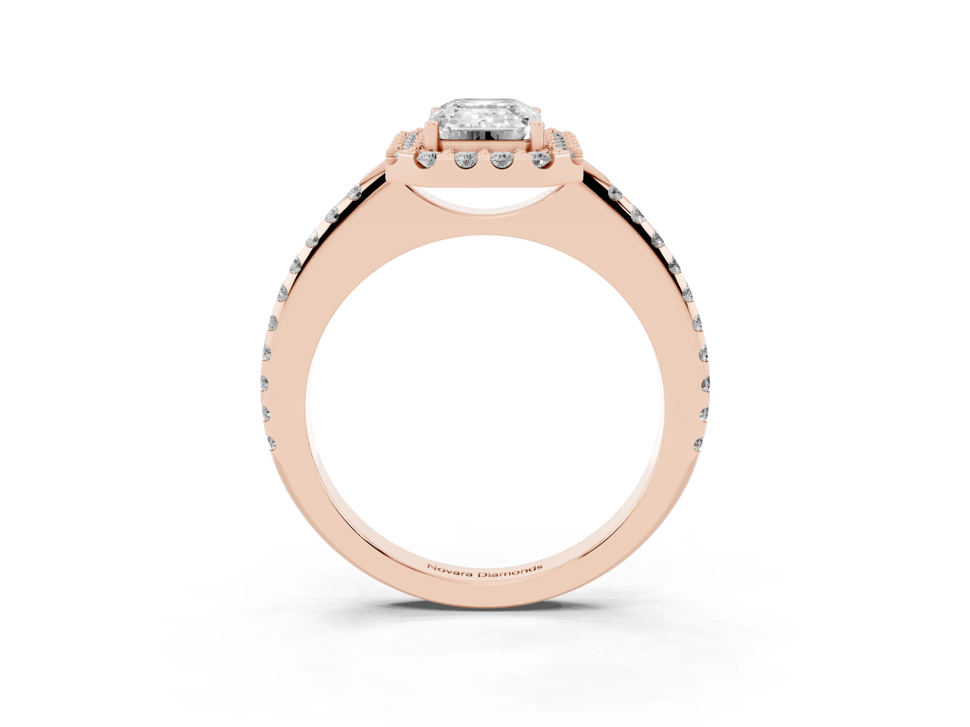 Emerald Cut Diamond Pavé Halo Ring Set in Rose gold with Prong Setting