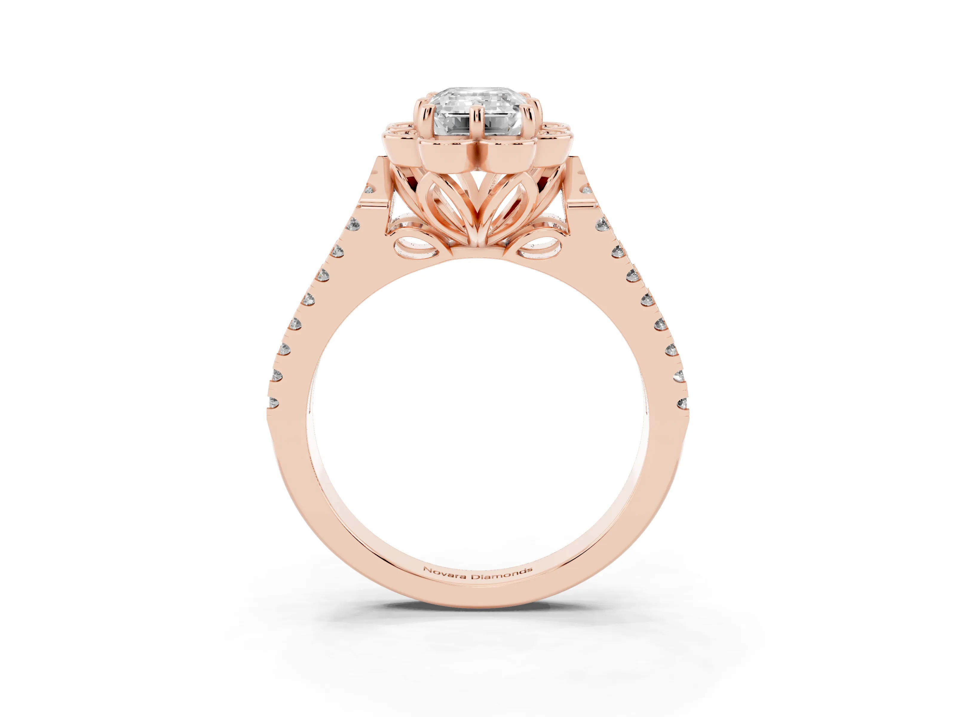 Emerald Cut Diamond Floral Halo Split Shank Engagement Ring Set in Rose gold with Pavé Shank