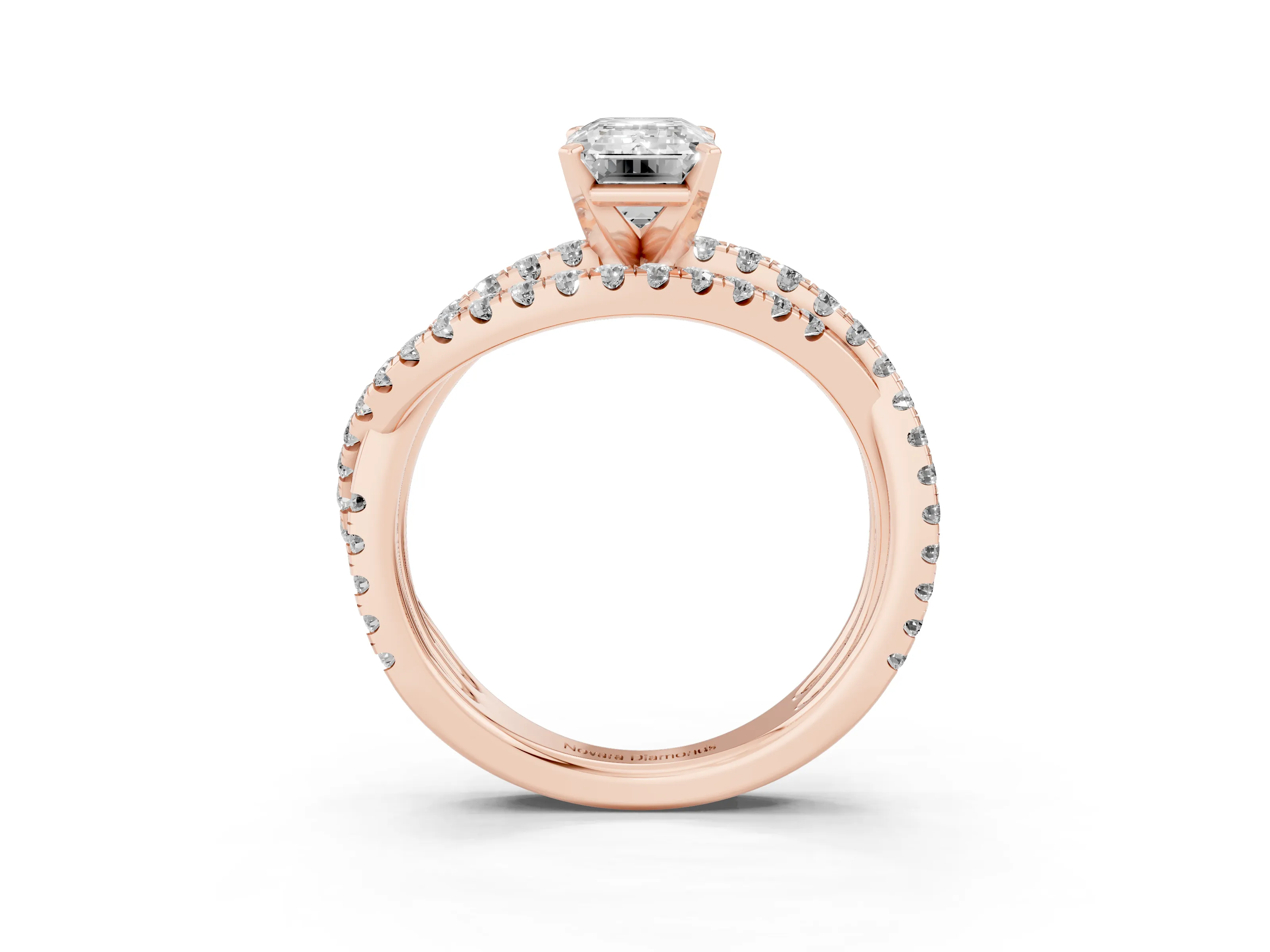 Emerald Cut Diamond Solitaire Twist Band Ring Set in Rose gold with Pavé Setting and Prong Head