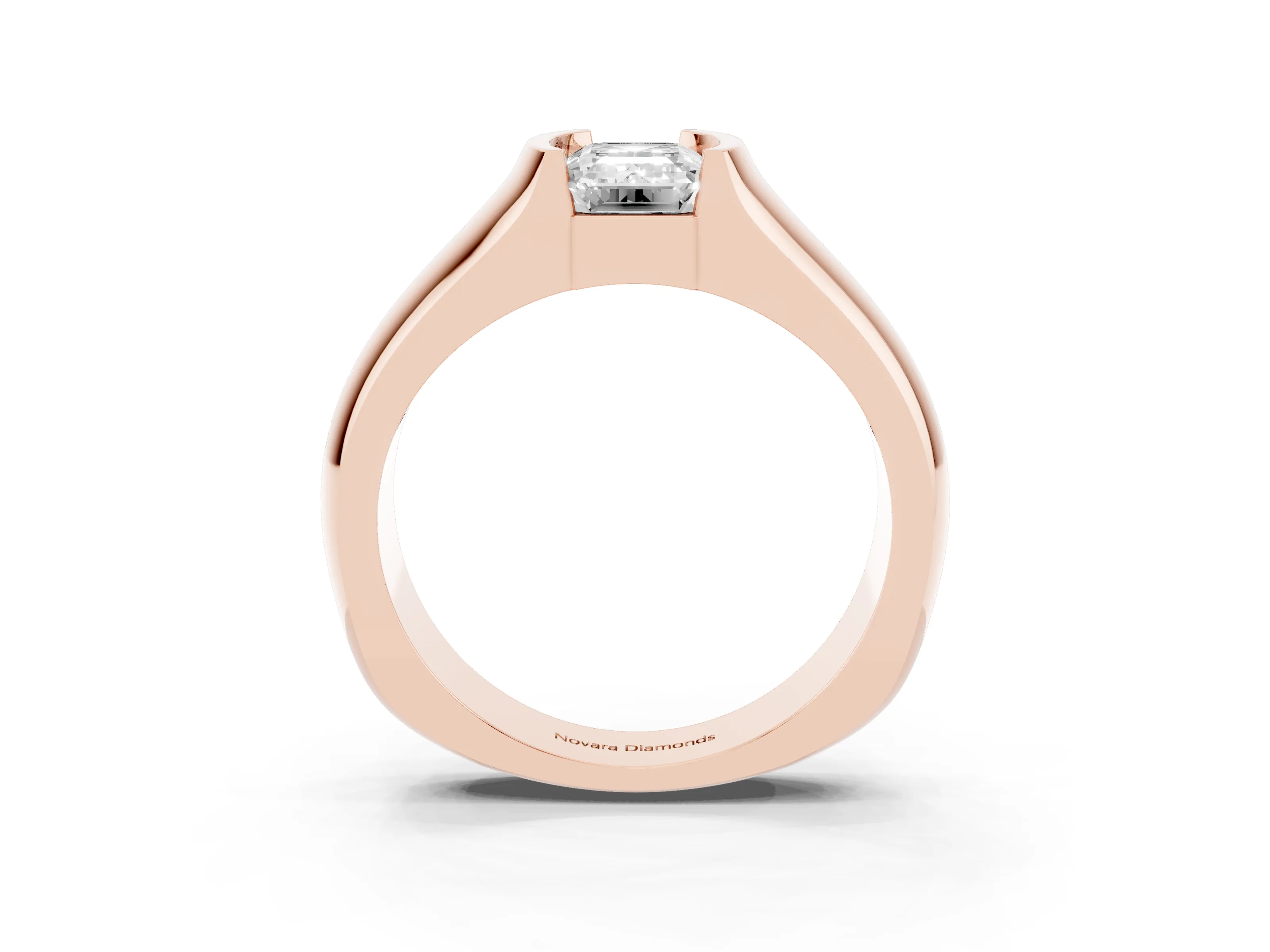 Emerald Cut Diamond Bezel Solitaire Ring Set in Rose gold with Wide Band