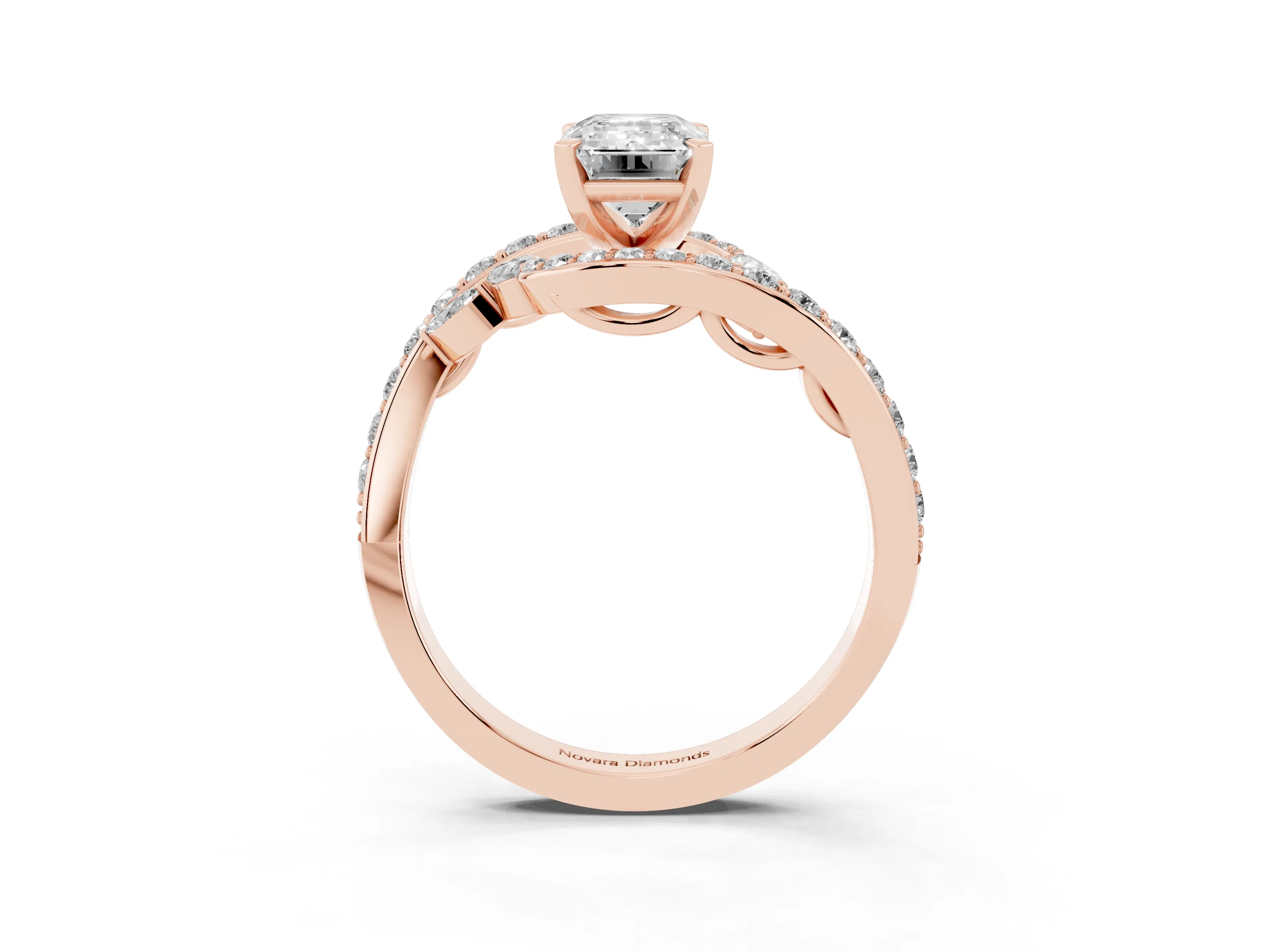 Emerald Cut Diamond Solitaire Ring Set in Rose gold with Pavé Twist Band and Secure Prong Setting