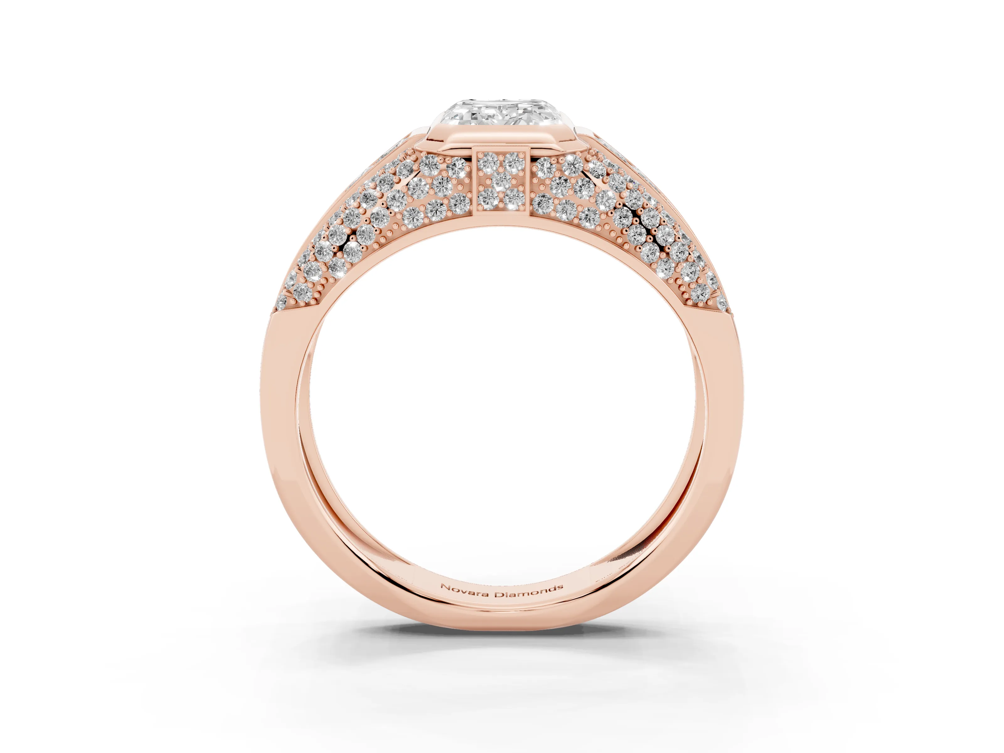 Emerald Cut Diamond Mens Ring Set in Rose gold with Structured Side Stones and Pavé Shoulders