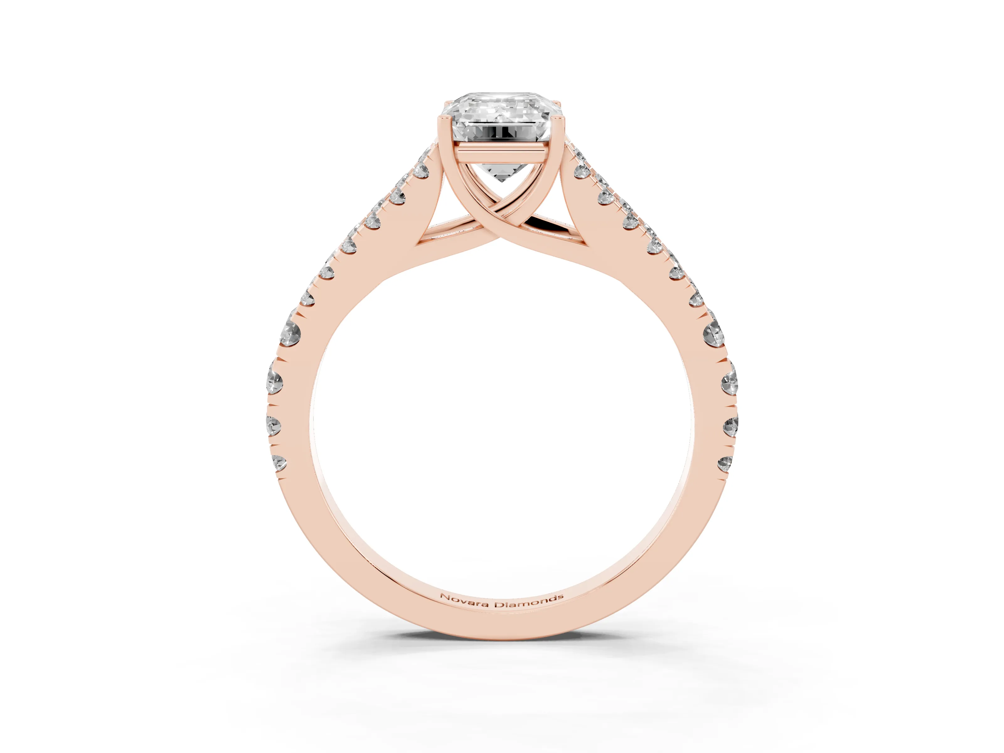 Emerald Cut Diamond Split Shank Pavé Engagement Ring Set in Rose gold with Prong-Held Center Stone