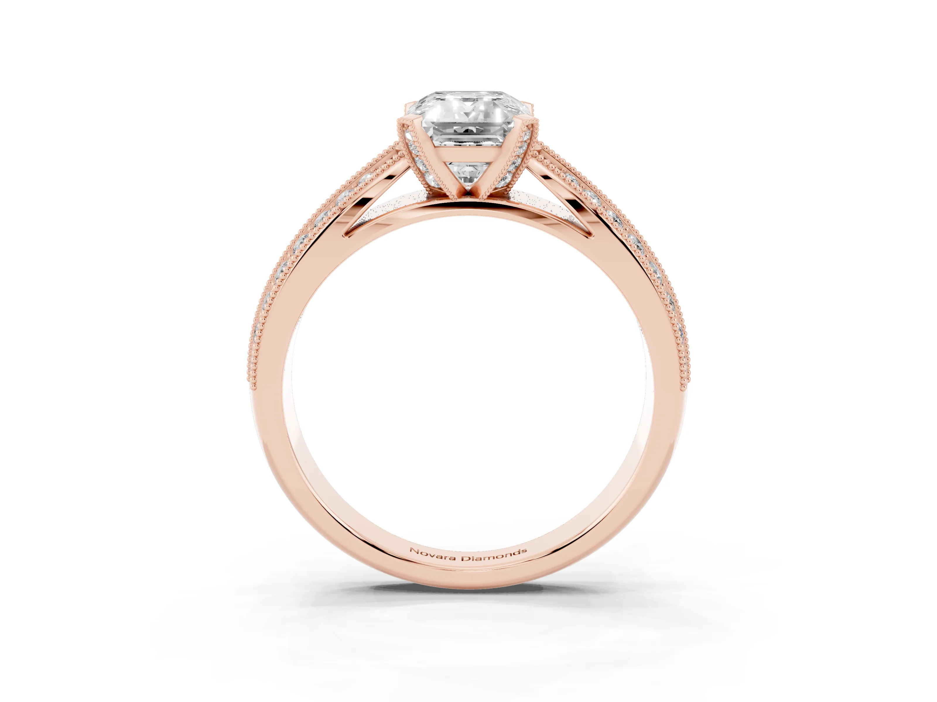 Emerald Cut Diamond Solitaire Ring Set in Rose gold with Milgrain Double Row Round Pavé Band