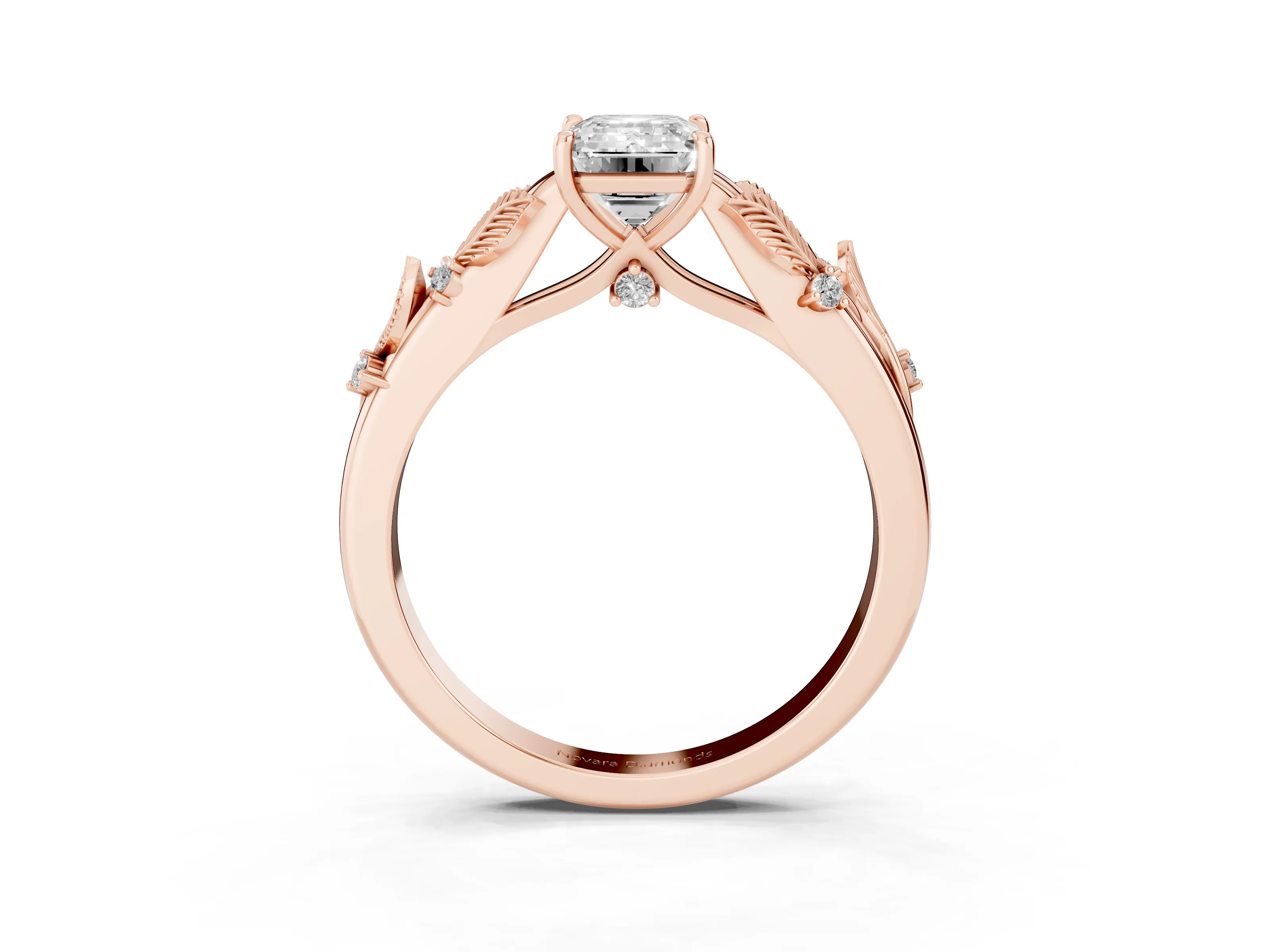 Emerald Cut Diamond Solitaire Ring Set in Rose gold with Leaf Motif Band