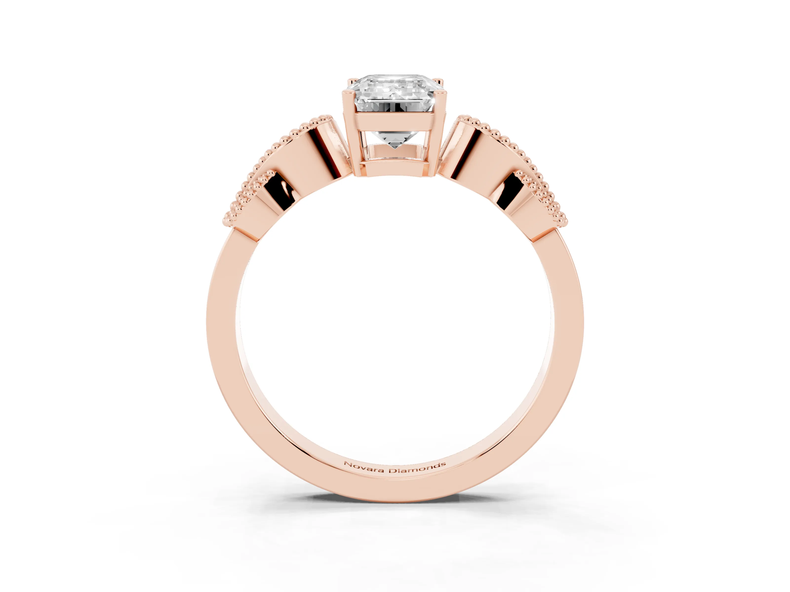 Emerald Cut Diamond Milgrain Leaf Band Solitaire Ring Set in Rose gold with Accent Stones and Prong Setting