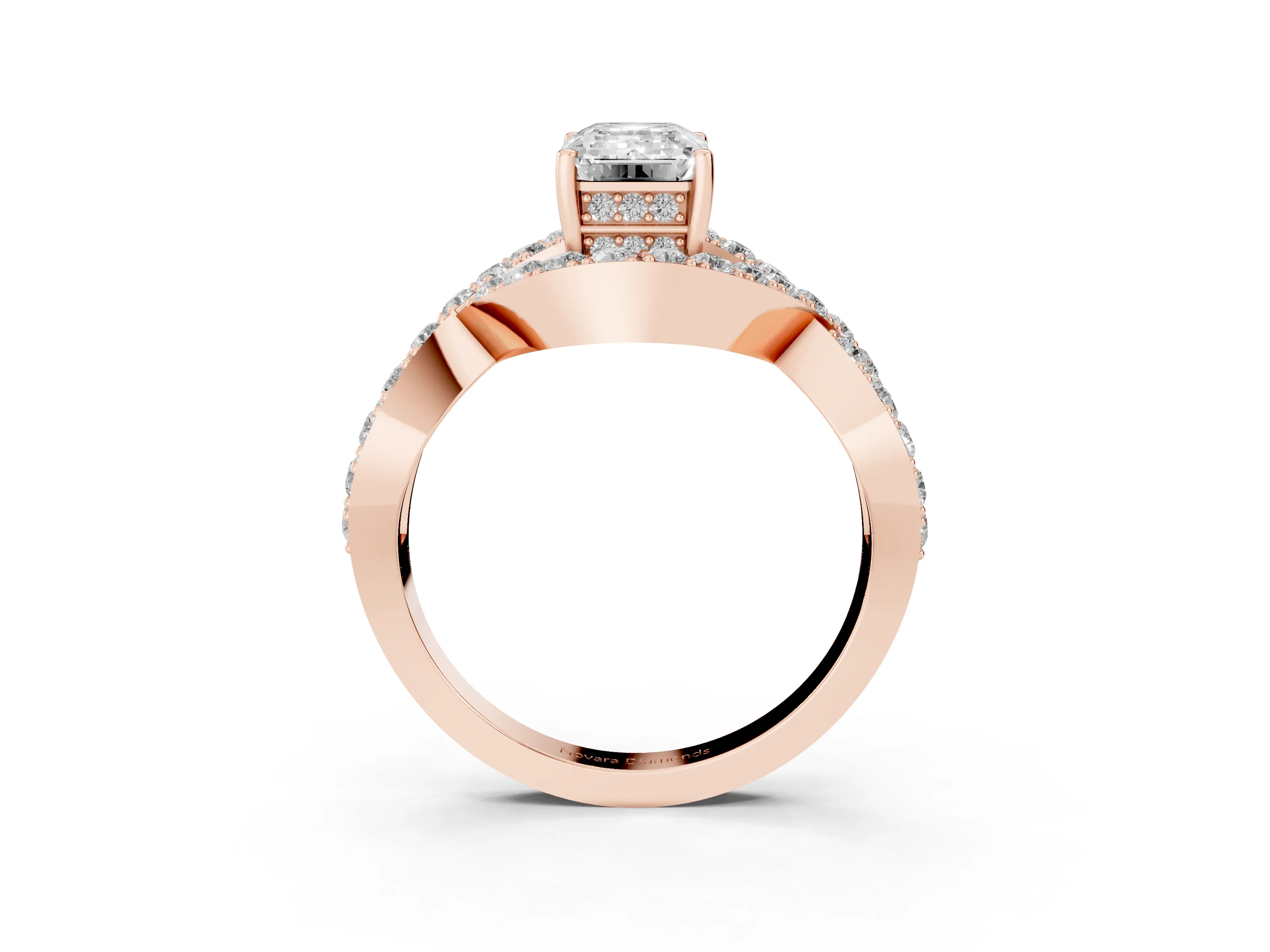 Emerald Cut Diamond Solitaire Twist Band Pavé Engagement Ring Set in Rose gold