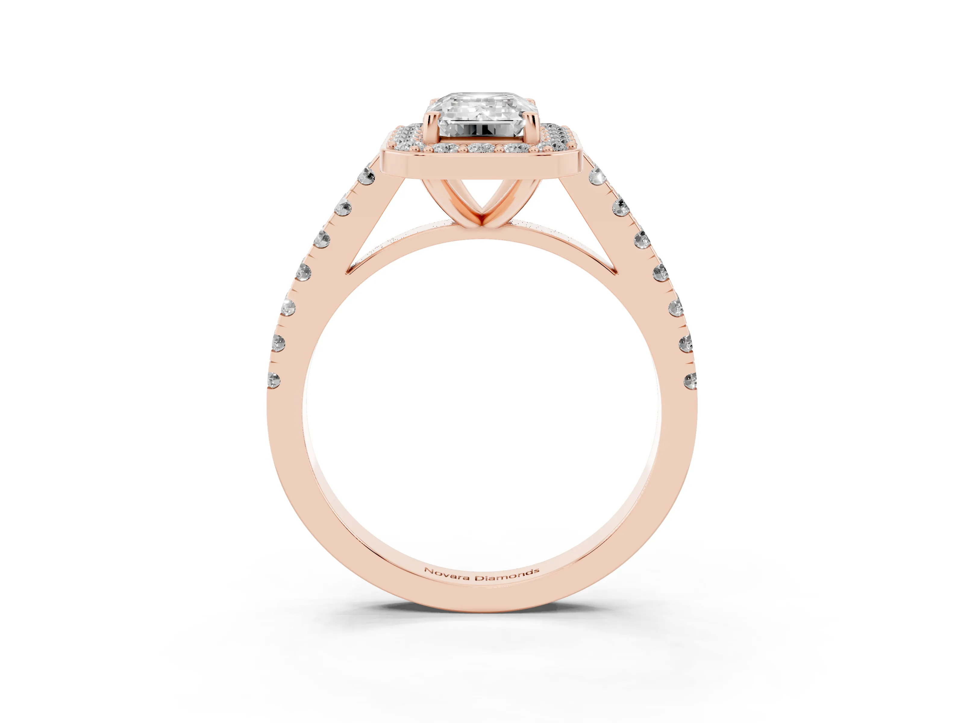Emerald Cut Diamond Halo Ring Set in Rose gold with Round Pavé Split Shank and Prong Setting