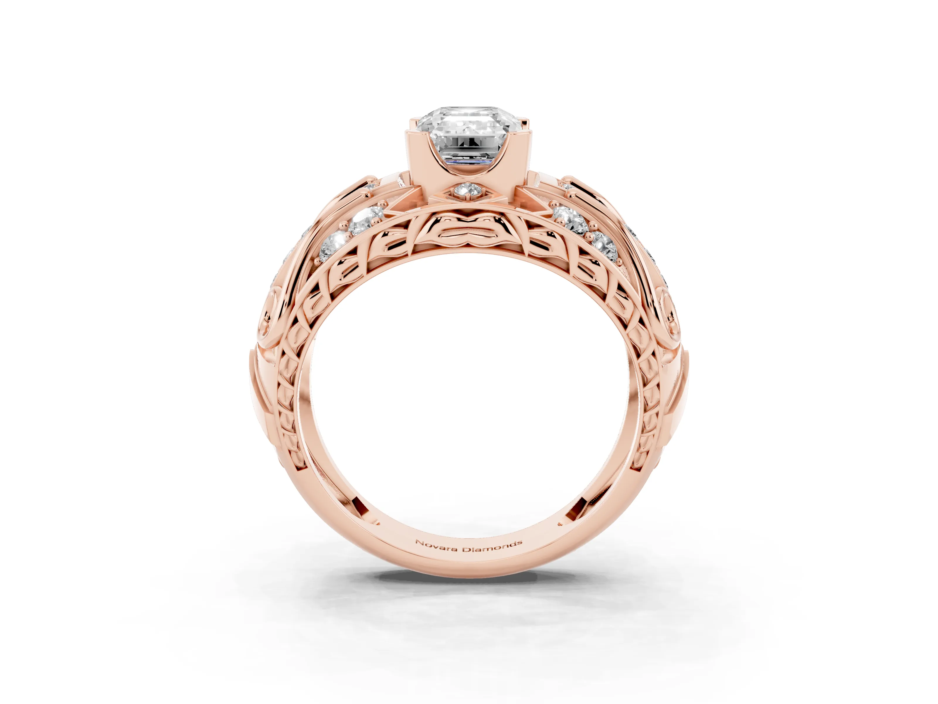 Emerald Cut Diamond Art Deco Ring Set in Rose gold with Pavé Split Shank