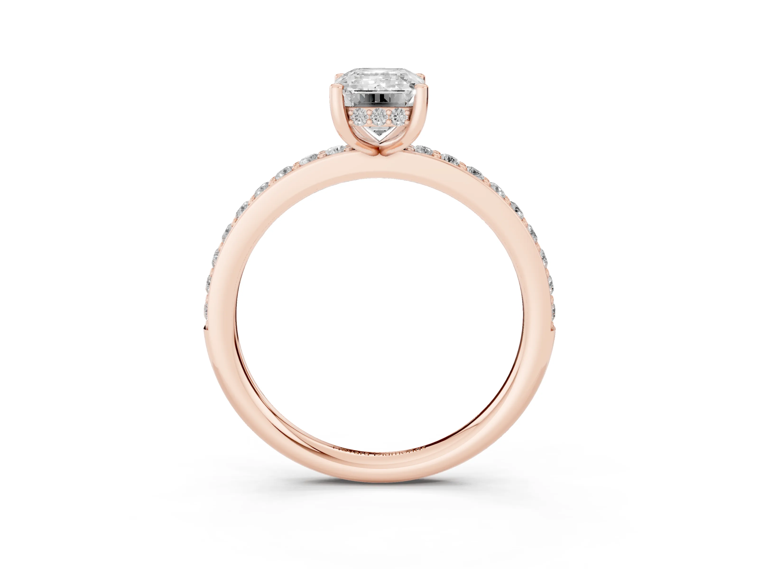 Emerald Cut Diamond Pavé Band Ring Set in Rose gold with Prong-Set Center Stone