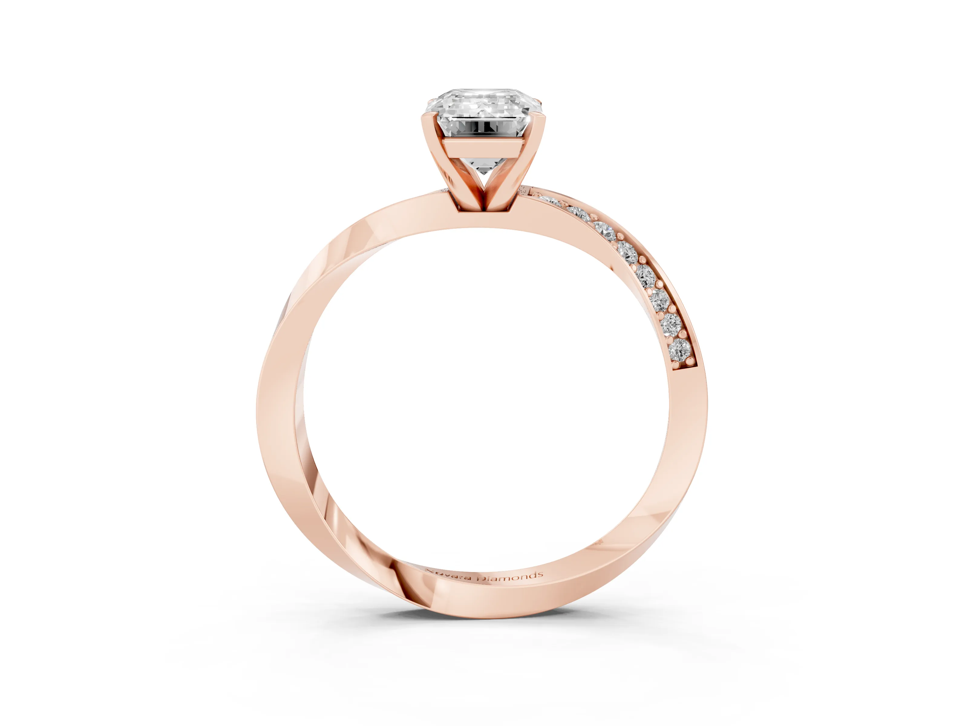 Emerald Cut Diamond Engagement Ring Set in Rose gold with Side Stone Accents and Prong Setting