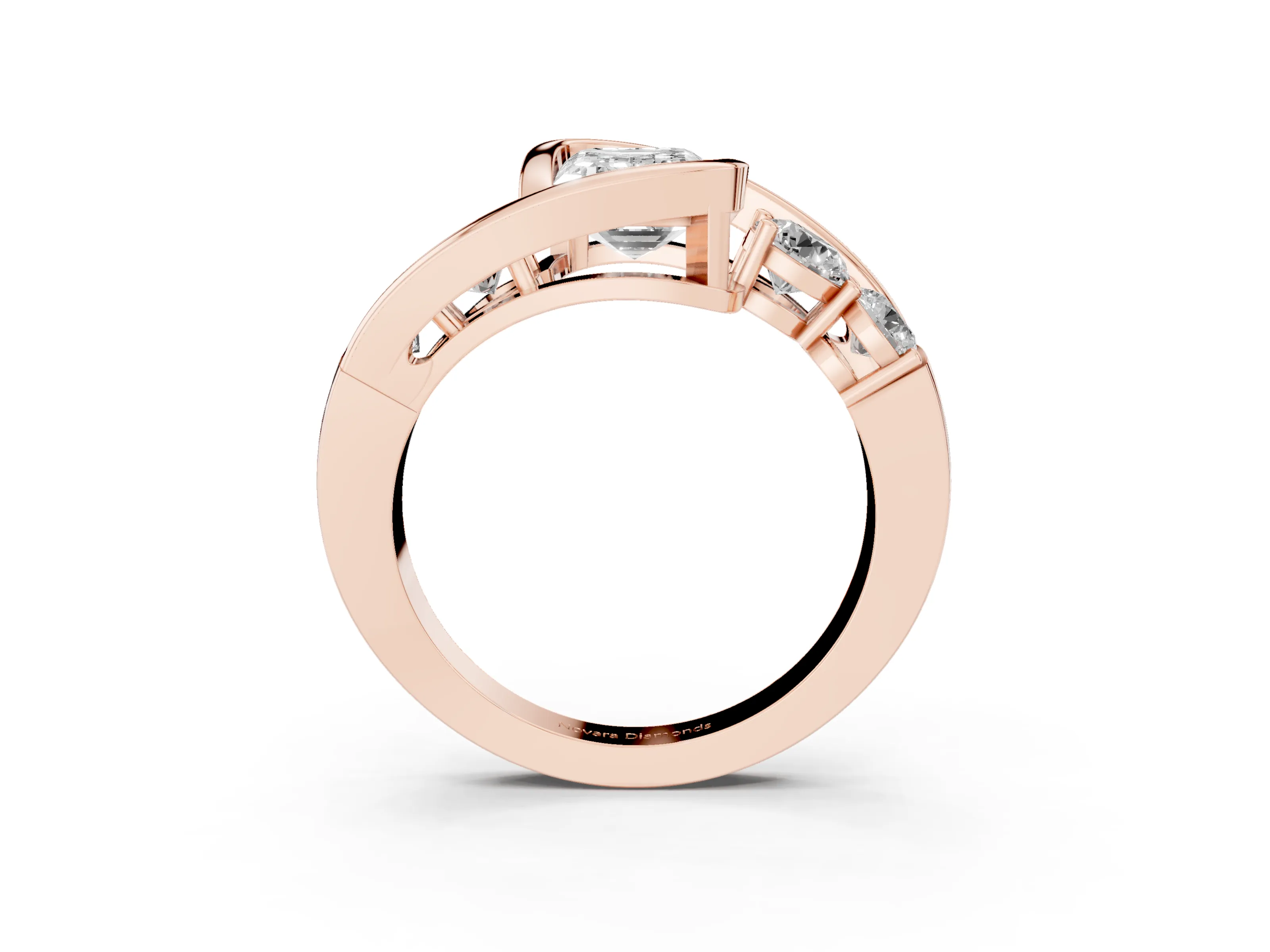 Emerald Cut Diamond Bezel Bypass Ring Set in Rose gold with Round Accents