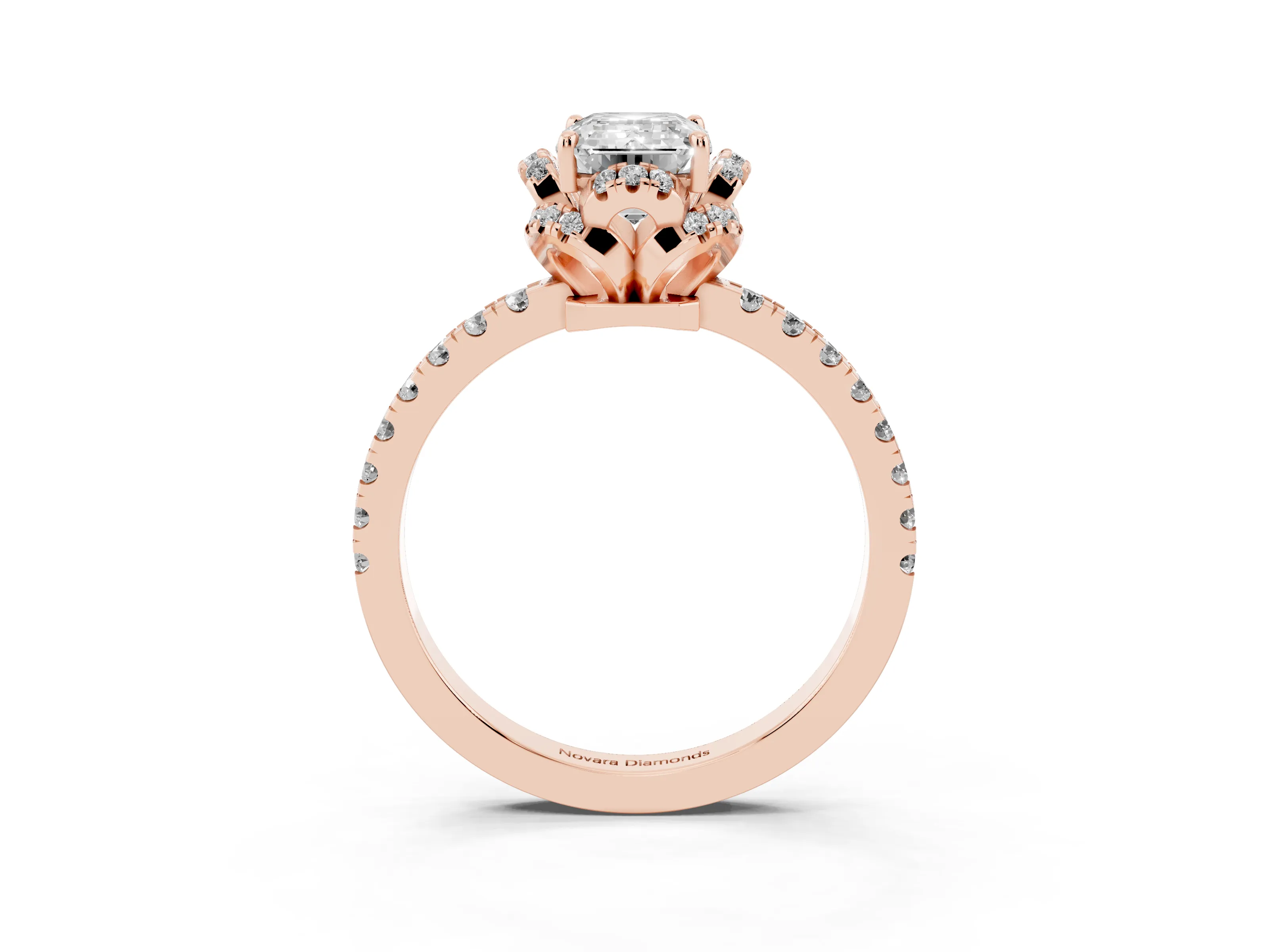 Emerald Cut Diamond Halo Pavé Band Ring Set in Rose gold with Prong-Held Center