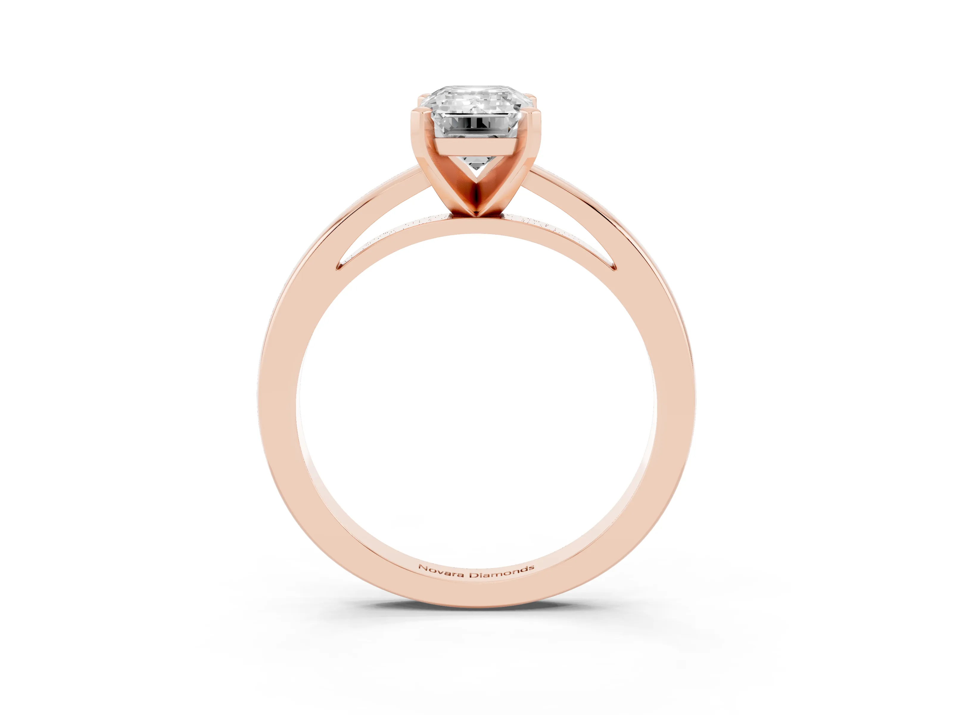 Emerald Cut Diamond Solitaire Engagement Ring Set in Rose gold with Prong Setting on a Classic Band
