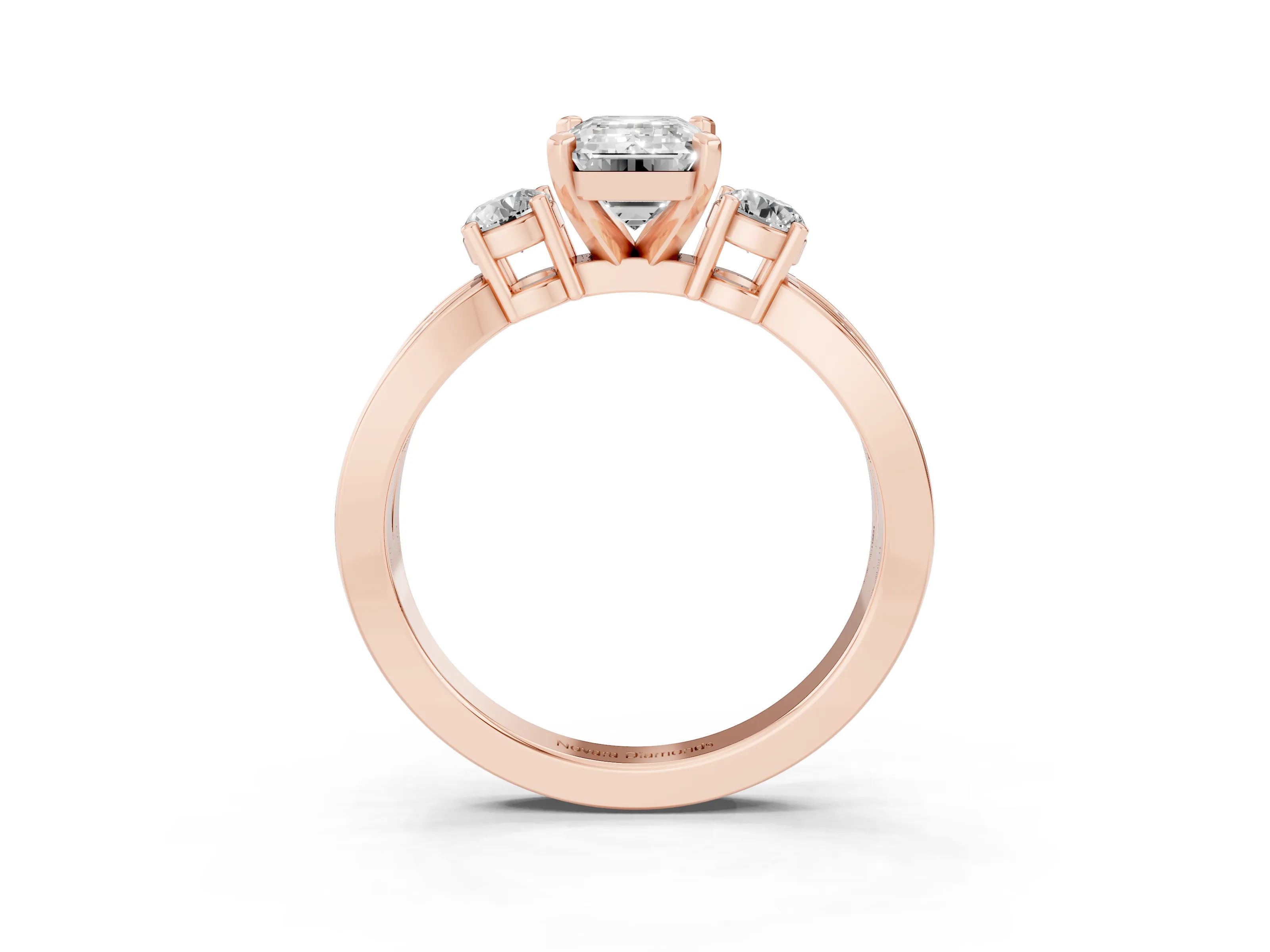 Three-Stone Emerald Cut Diamond Twist Band Ring Set in Rose gold with Pavé Accents and Prong Setting