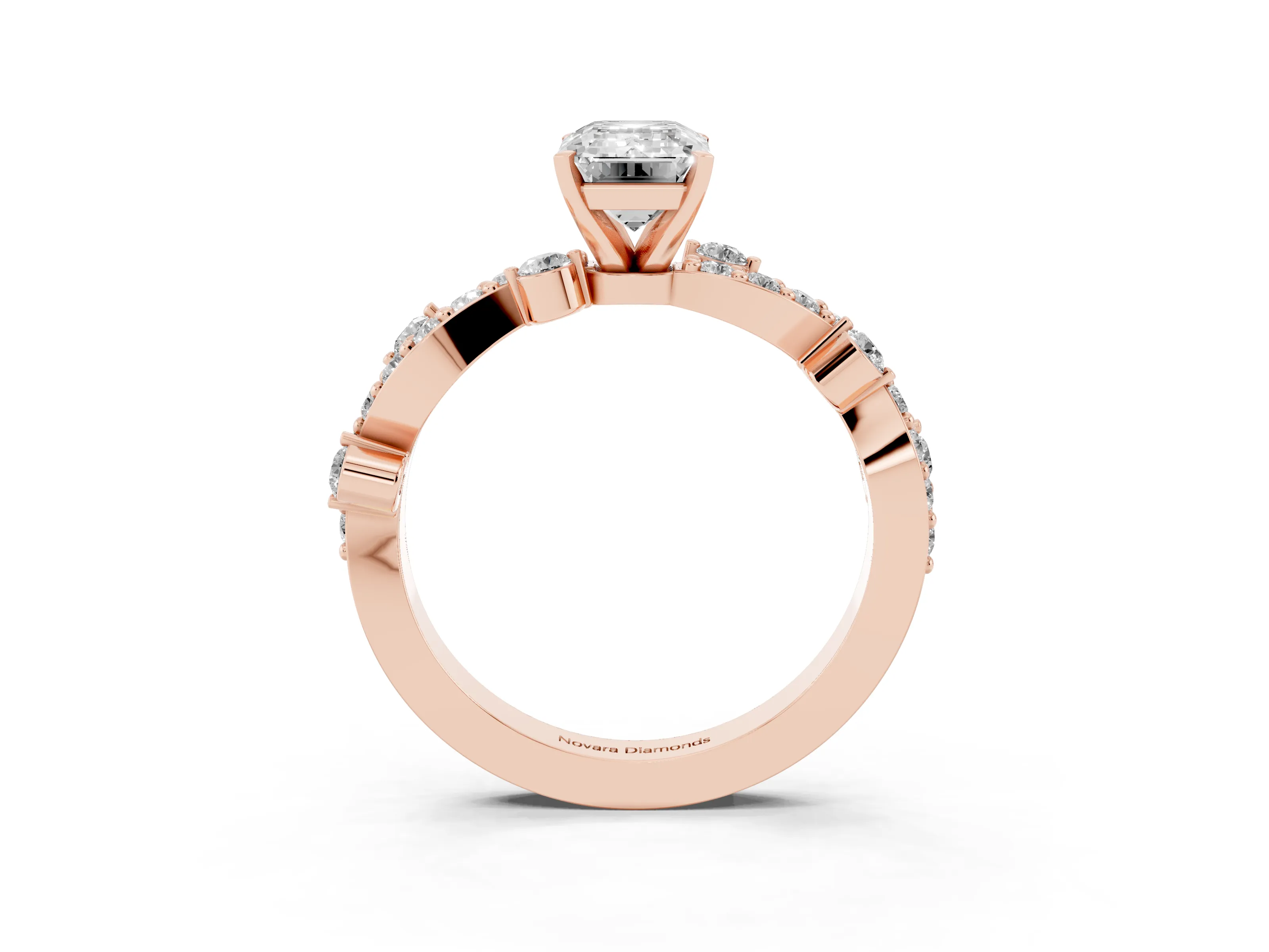 Emerald Cut Diamond Solitaire Twisted Band Set in Rose gold with Pavé Setting