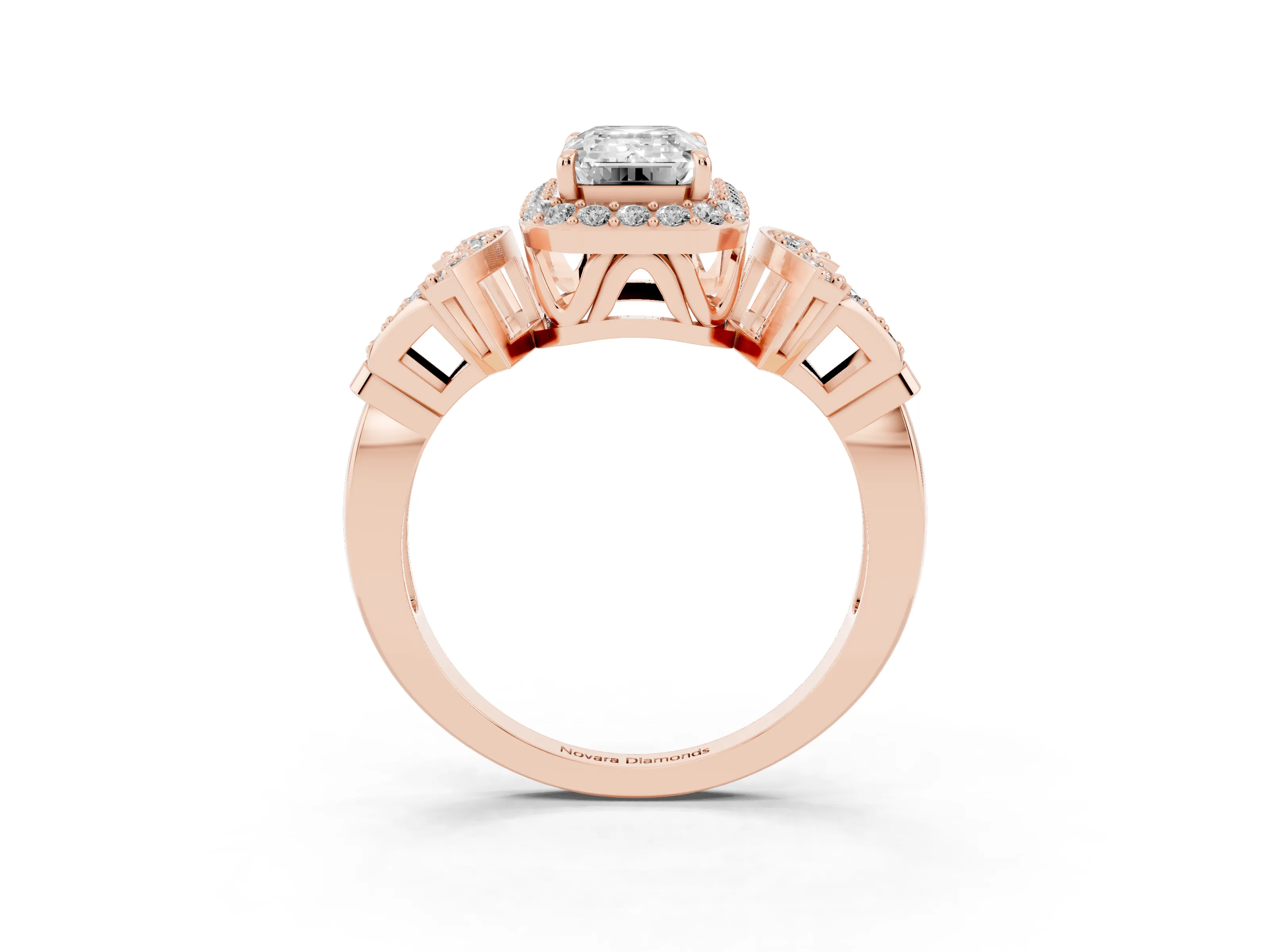 Emerald Cut Diamond Halo Engagement Ring Set in Rose gold with Accent Stone Split Shank