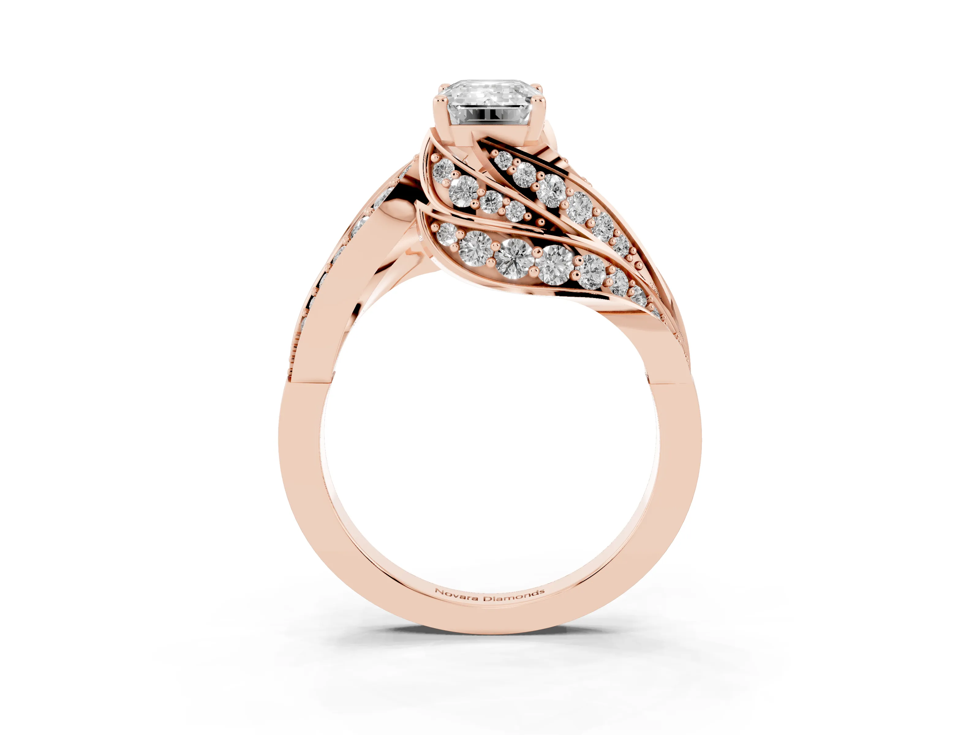 Emerald Cut Diamond Solitaire Ring Set in Rose gold with Layered Twist Pavé Band
