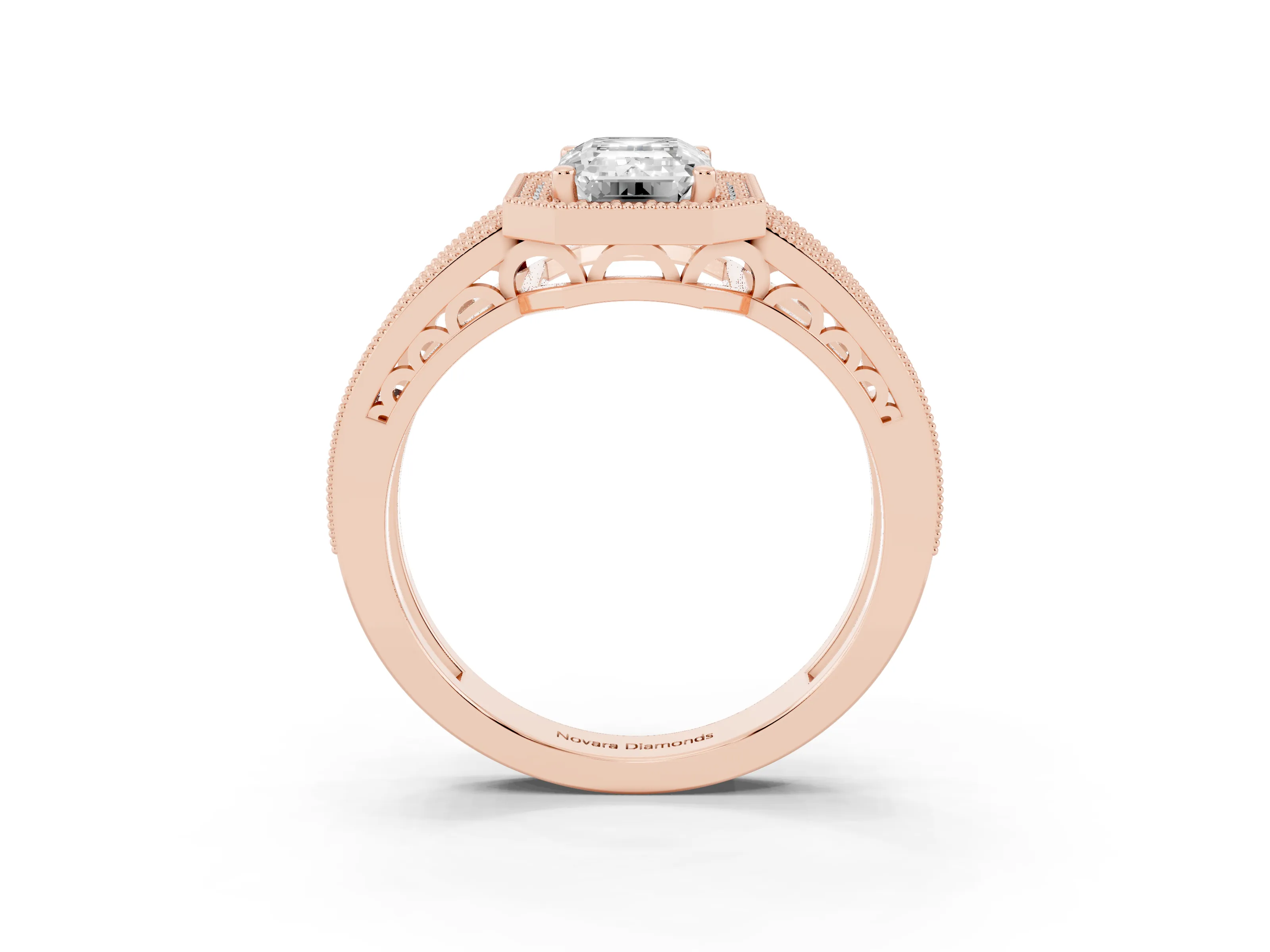 Emerald Cut Diamond Halo Ring Set in Rose gold with Accent Split Shank and Prong Setting
