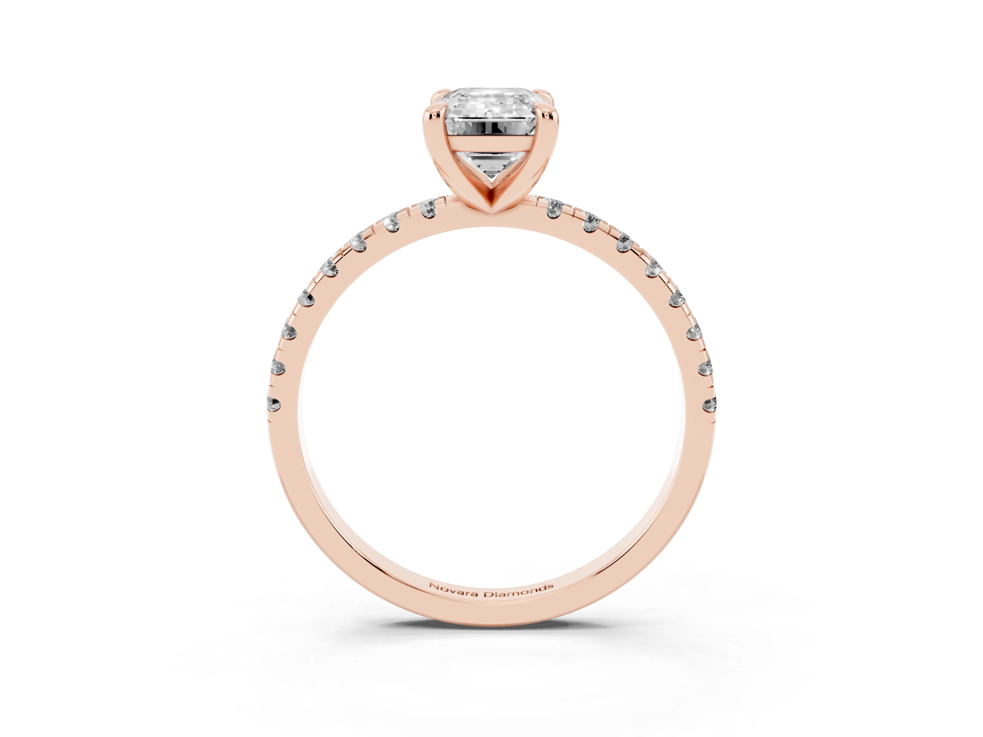 Emerald Cut Diamond Brilliant Solitaire Ring Set in Rose gold with Pavé Band and Prong Setting