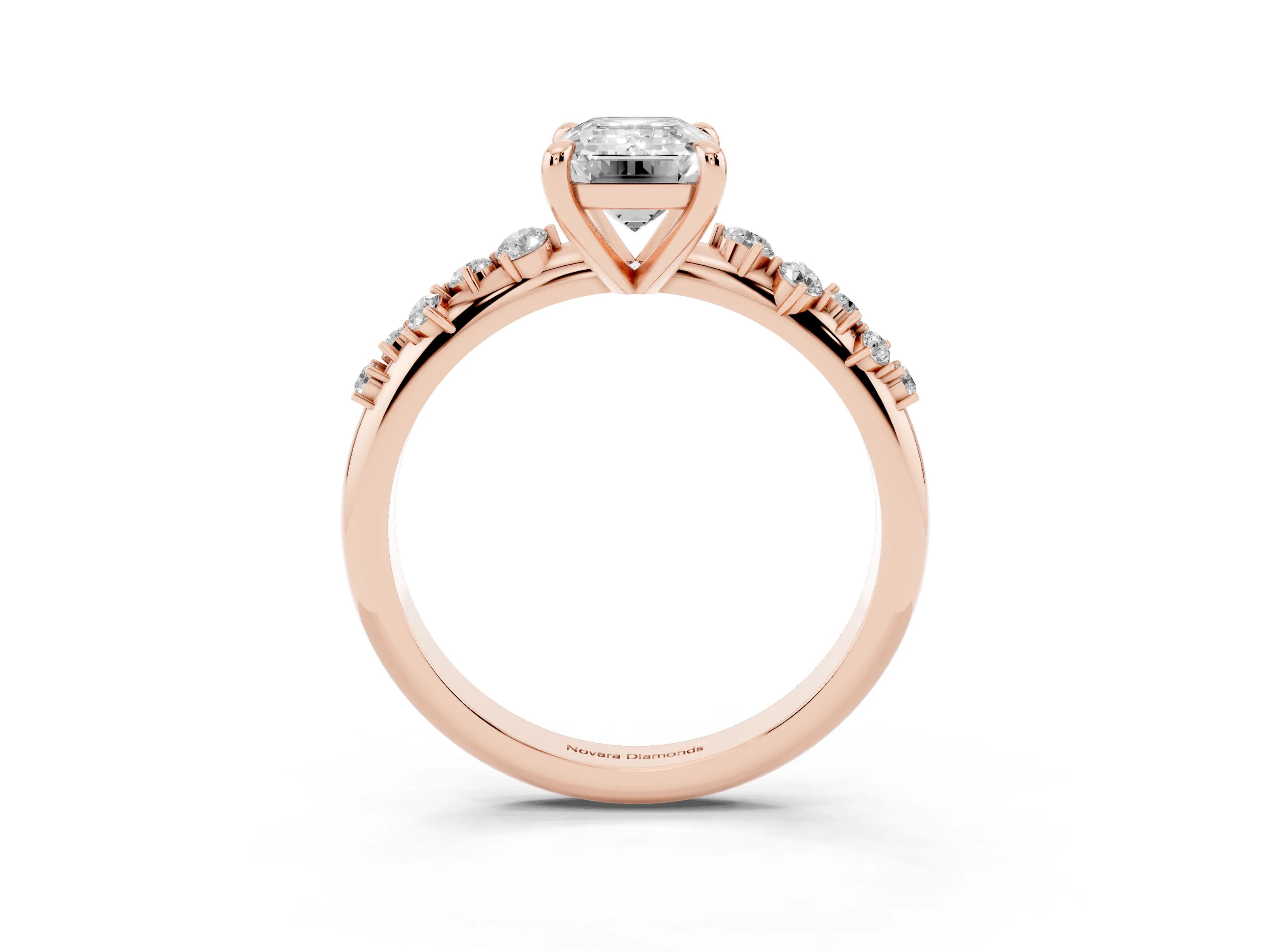 Emerald Cut Diamond Solitaire Vine Band Ring Set in Rose gold with Round Accents and Prong Setting