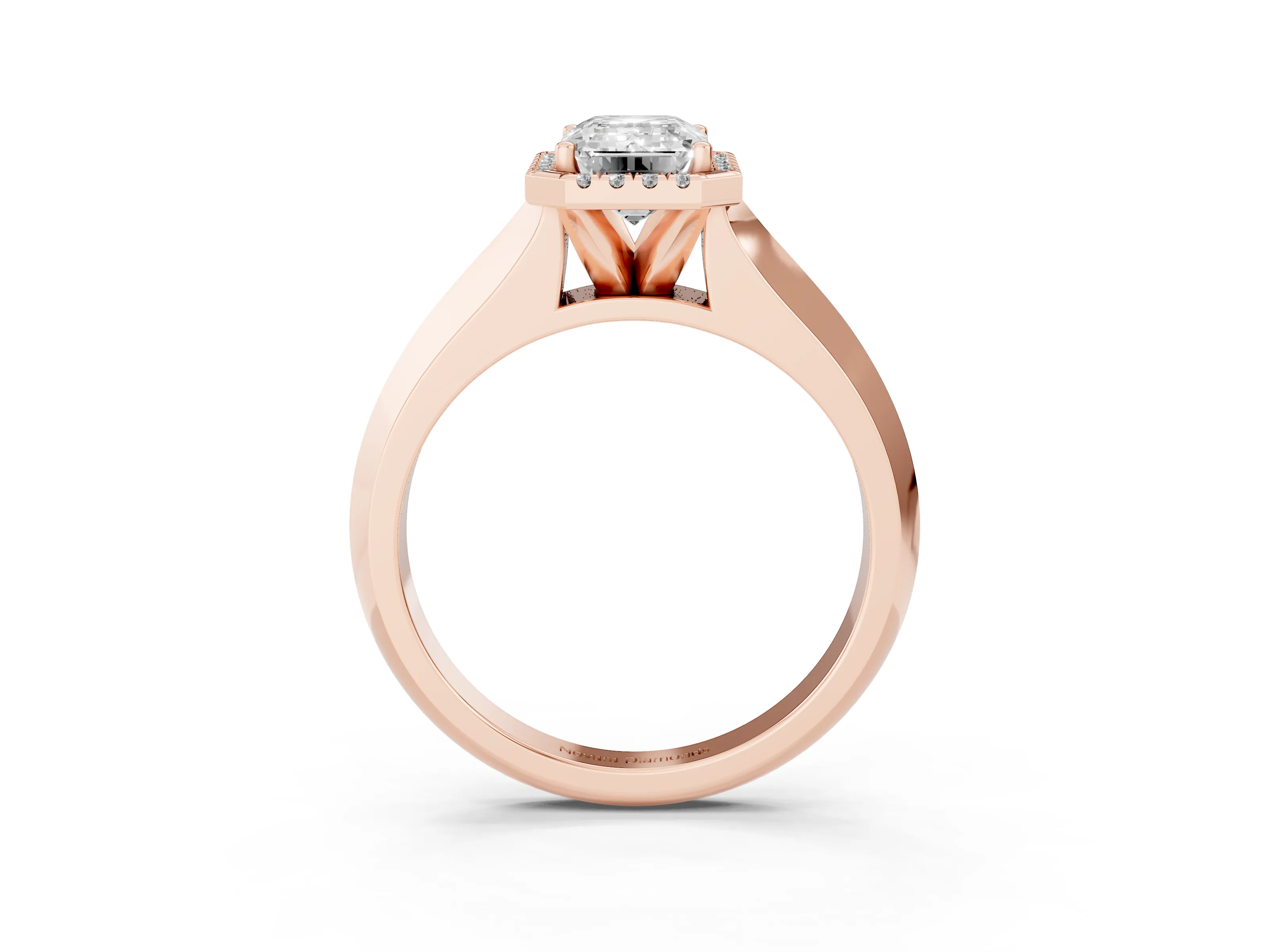 Emerald Cut Diamond Halo Ring Set in Rose gold with Cathedral Band and Prong Setting