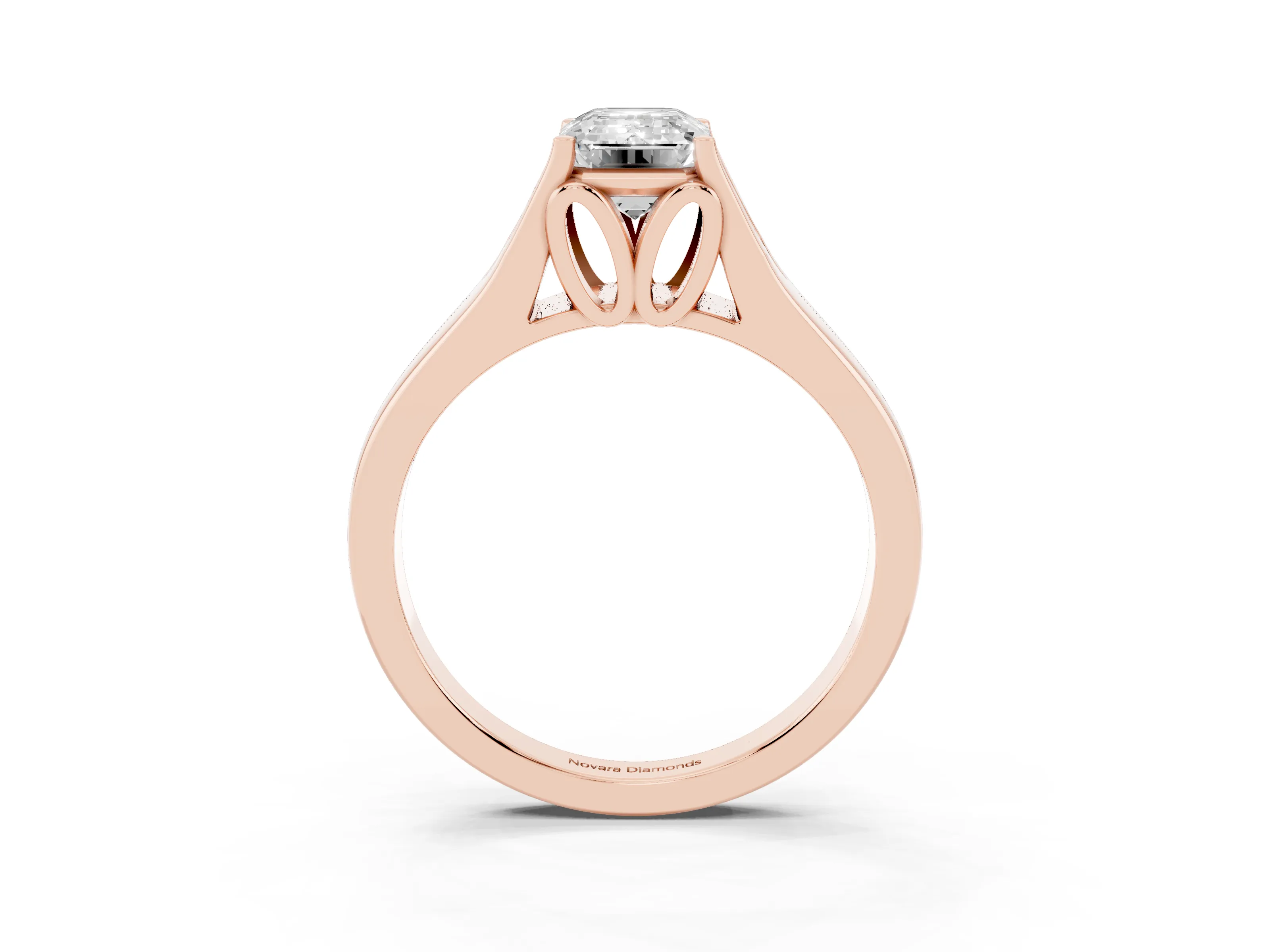 Emerald Cut Diamond Solitaire Ring Set in Rose gold with Arched Cathedral Band and Prong Setting