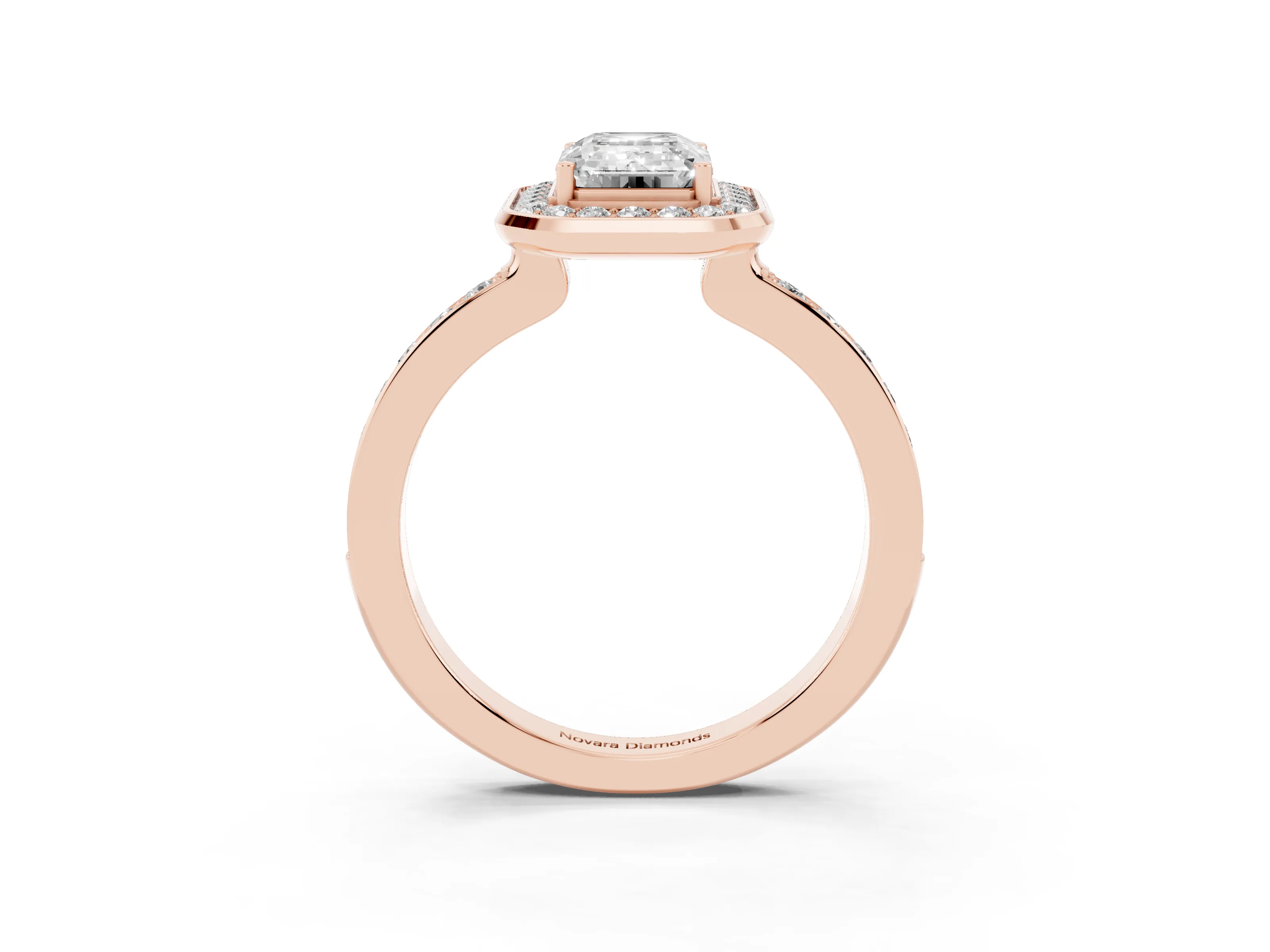 Emerald Cut Diamond Halo Ring Set in Rose gold with Bezel Frame and Pavé Band