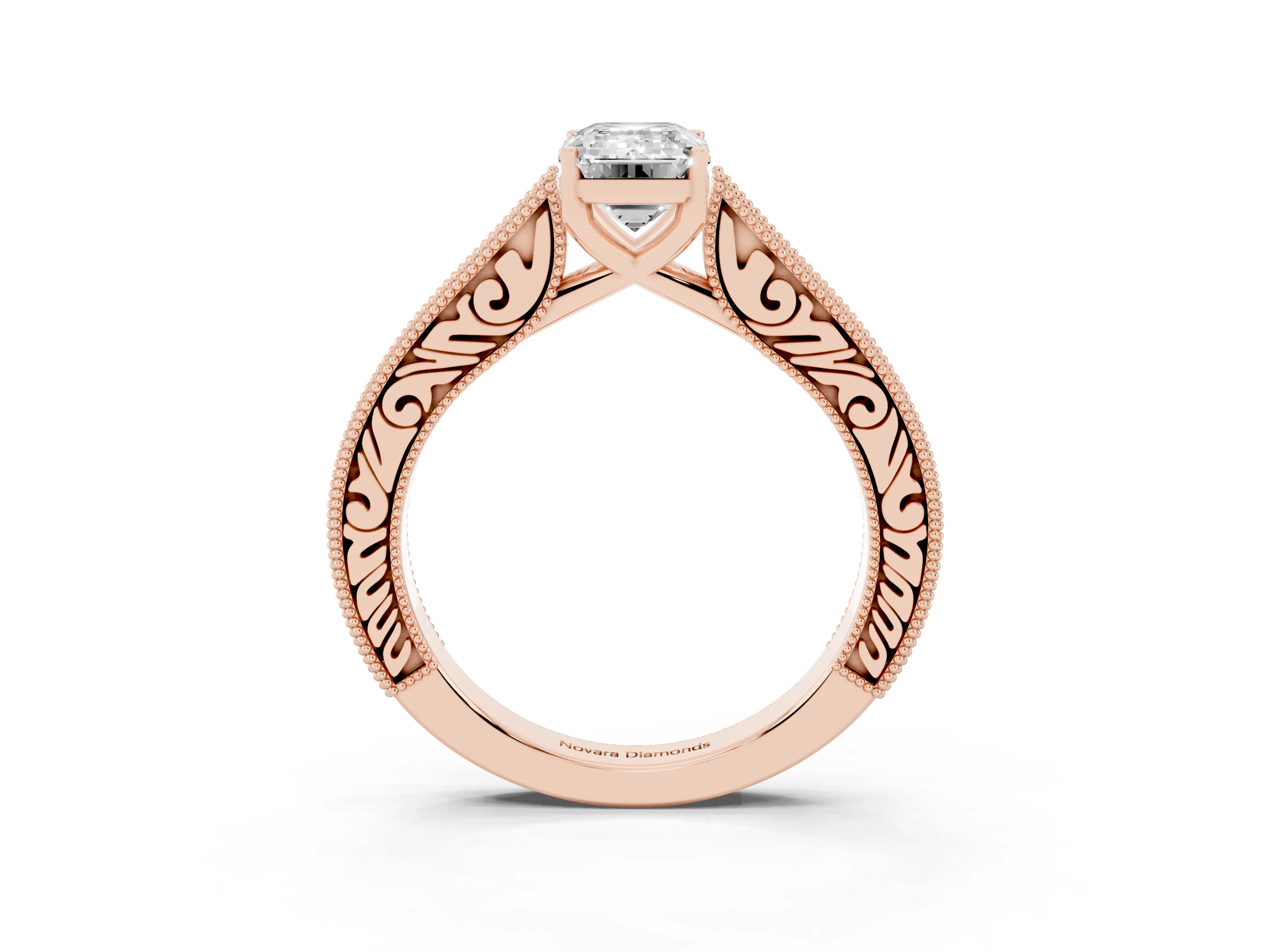 Emerald Cut Diamond Milgrain Pavé Band Solitaire Ring Set in Rose gold with Prong Setting