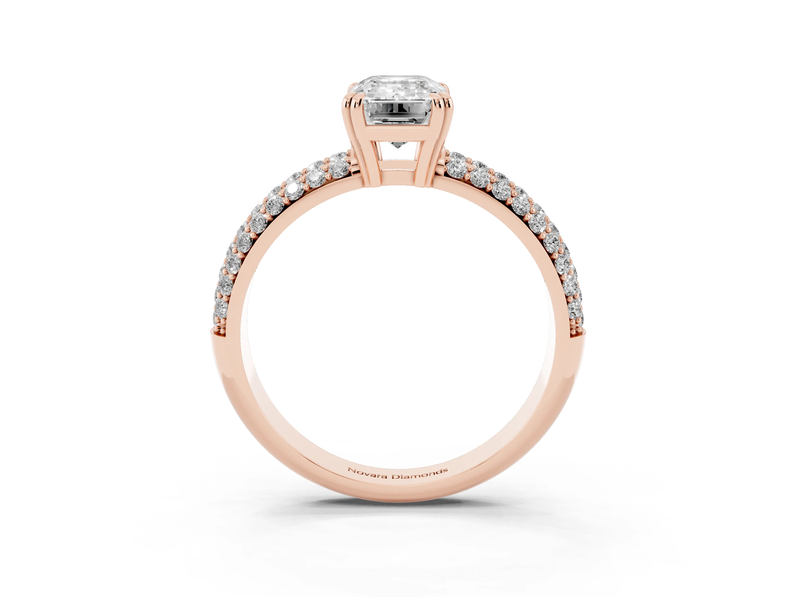 Emerald Cut Diamond Solitaire Ring Set in Rose gold with Multi-Row Round Pavé Band and Prong Setting