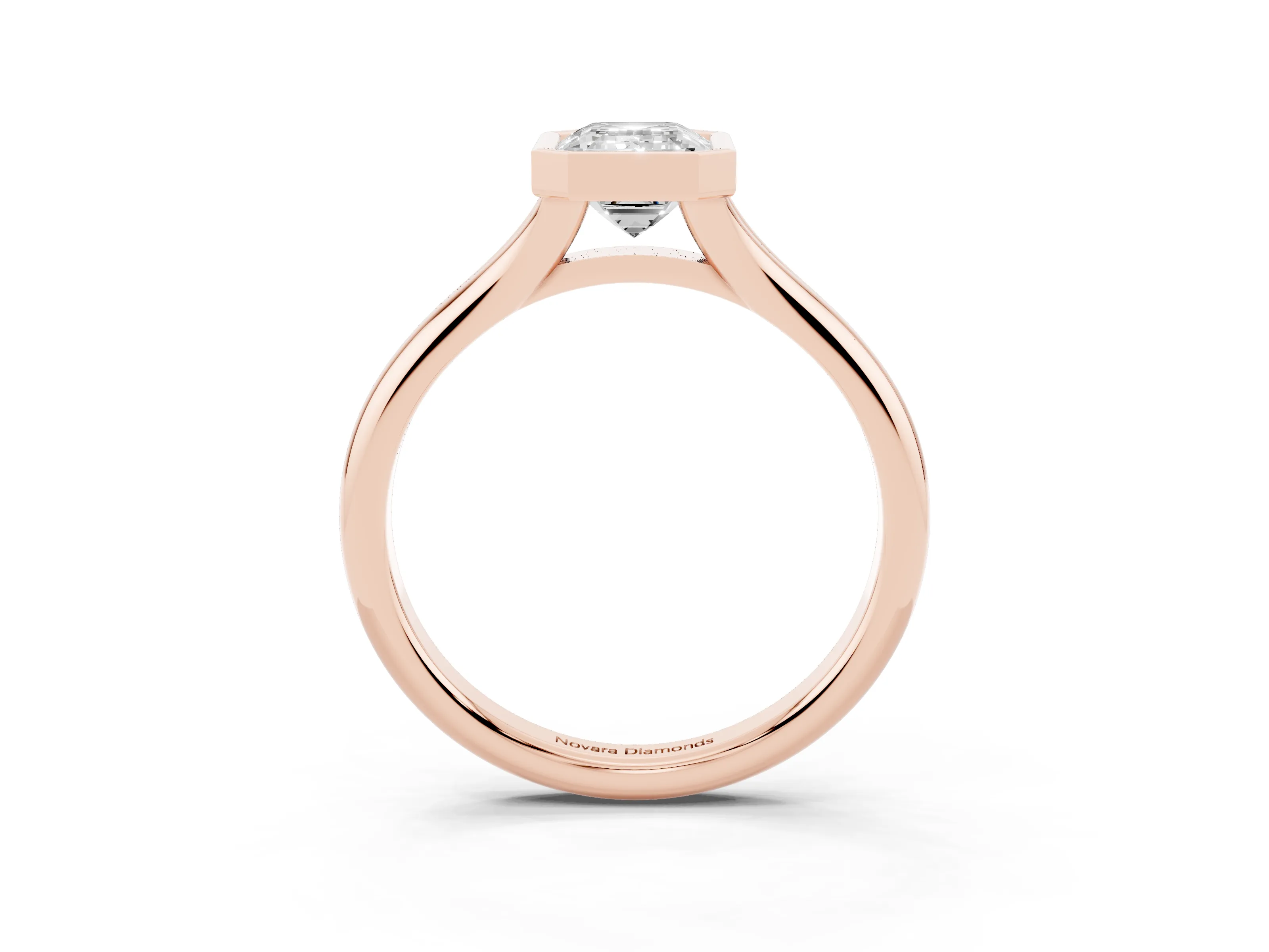 Bezel Set Emerald Cut Diamond Solitaire Ring Set in Rose gold with Smooth Band