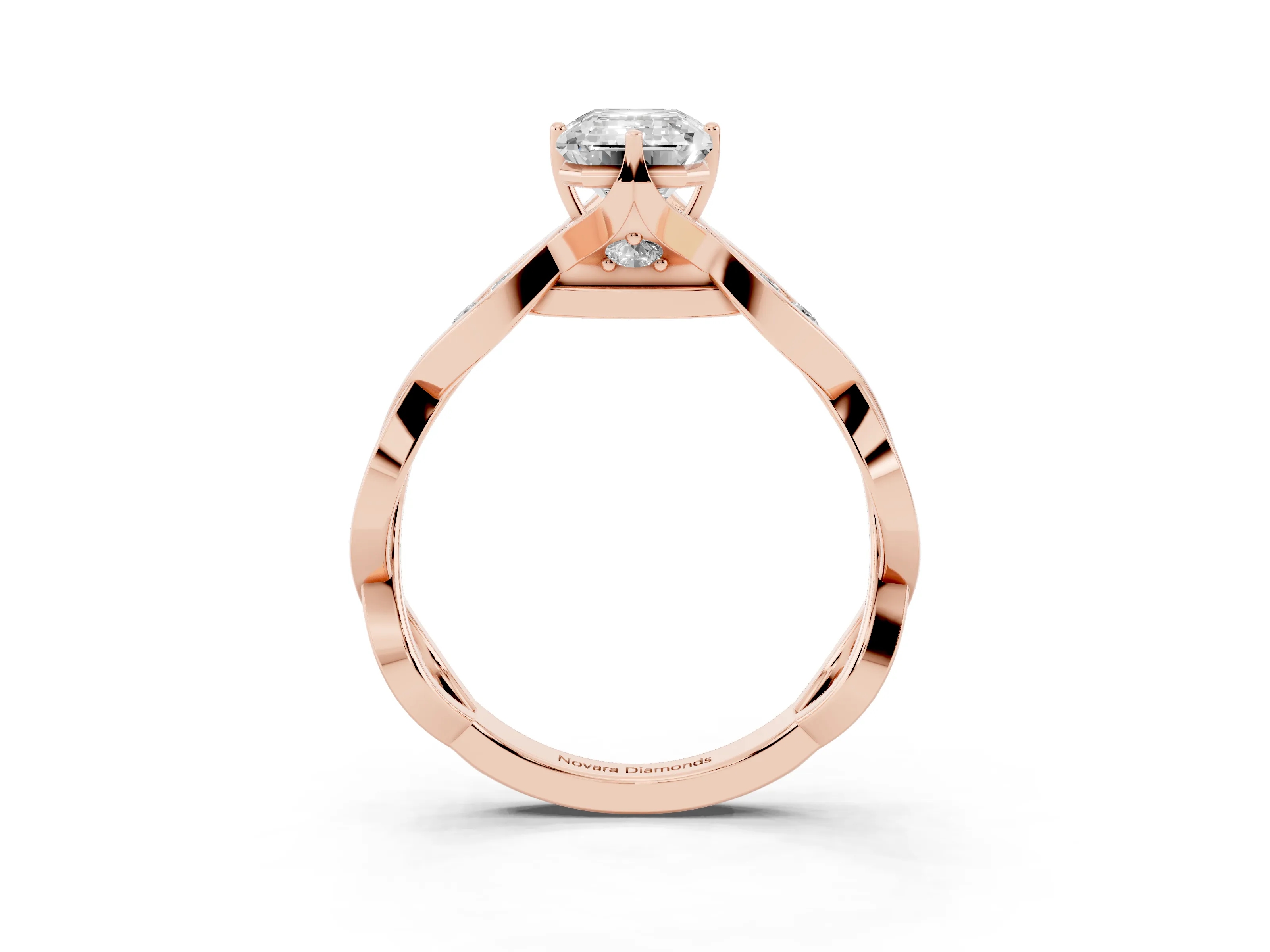 Emerald Cut Diamond Twist Band Solitaire Ring Set in Rose gold with Leaf Prong Setting and Accent Stones