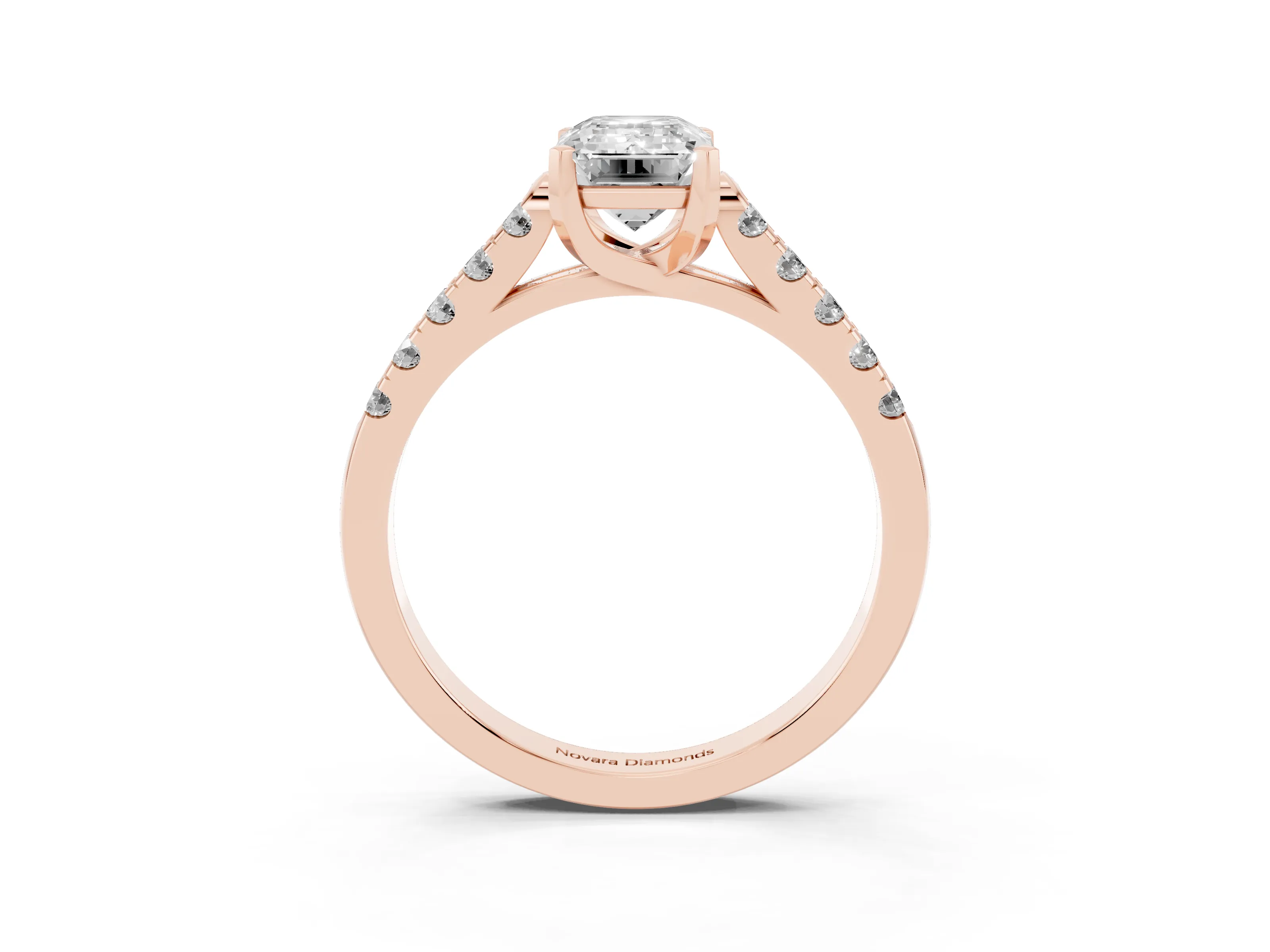 Emerald Cut Diamond Pavé Band Solitaire Ring Set in Rose gold with Partway Accent Stones and Prong Setting