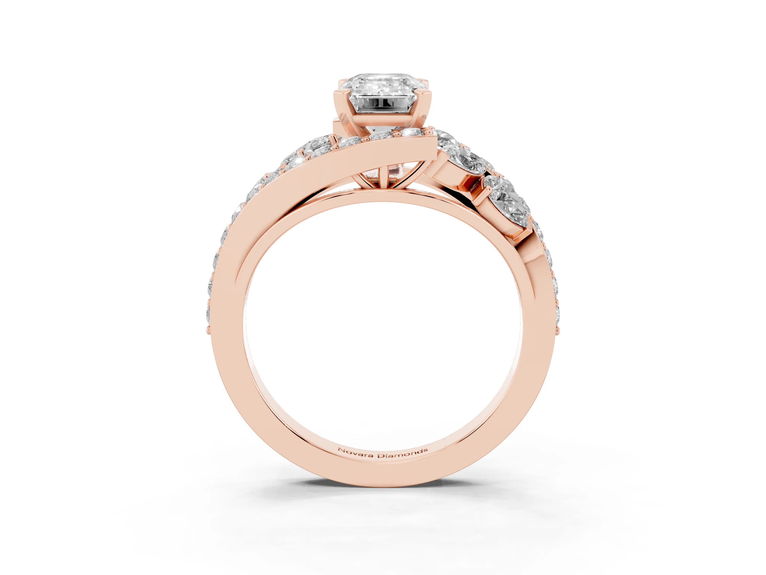 Emerald Cut Diamond Halo Ring Set in Rose gold with Marquise and Pavé Band in Prong Setting