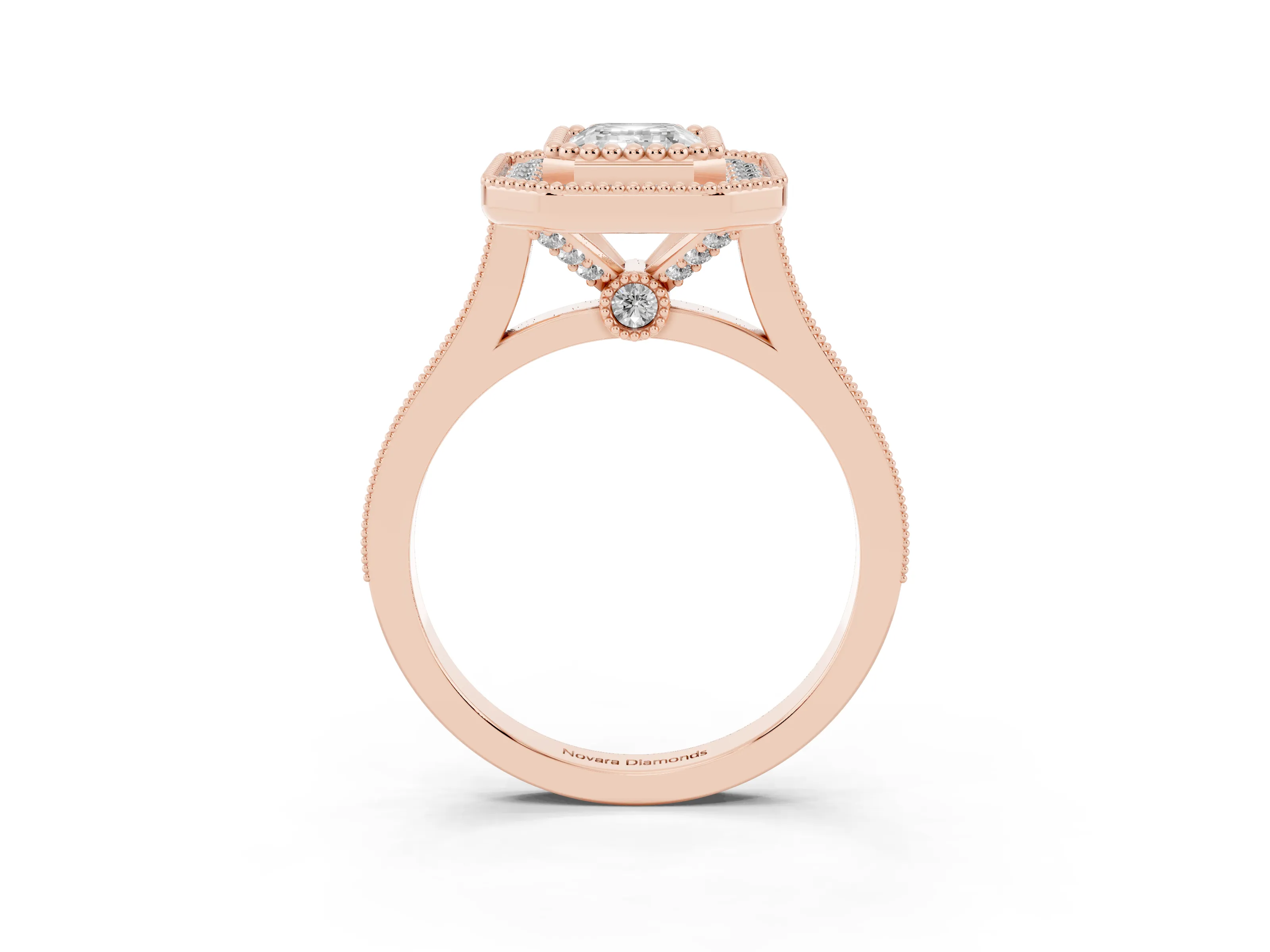 Emerald Cut Diamond Halo Ring Set in Rose gold with Milgrain Frame and Pavé Band