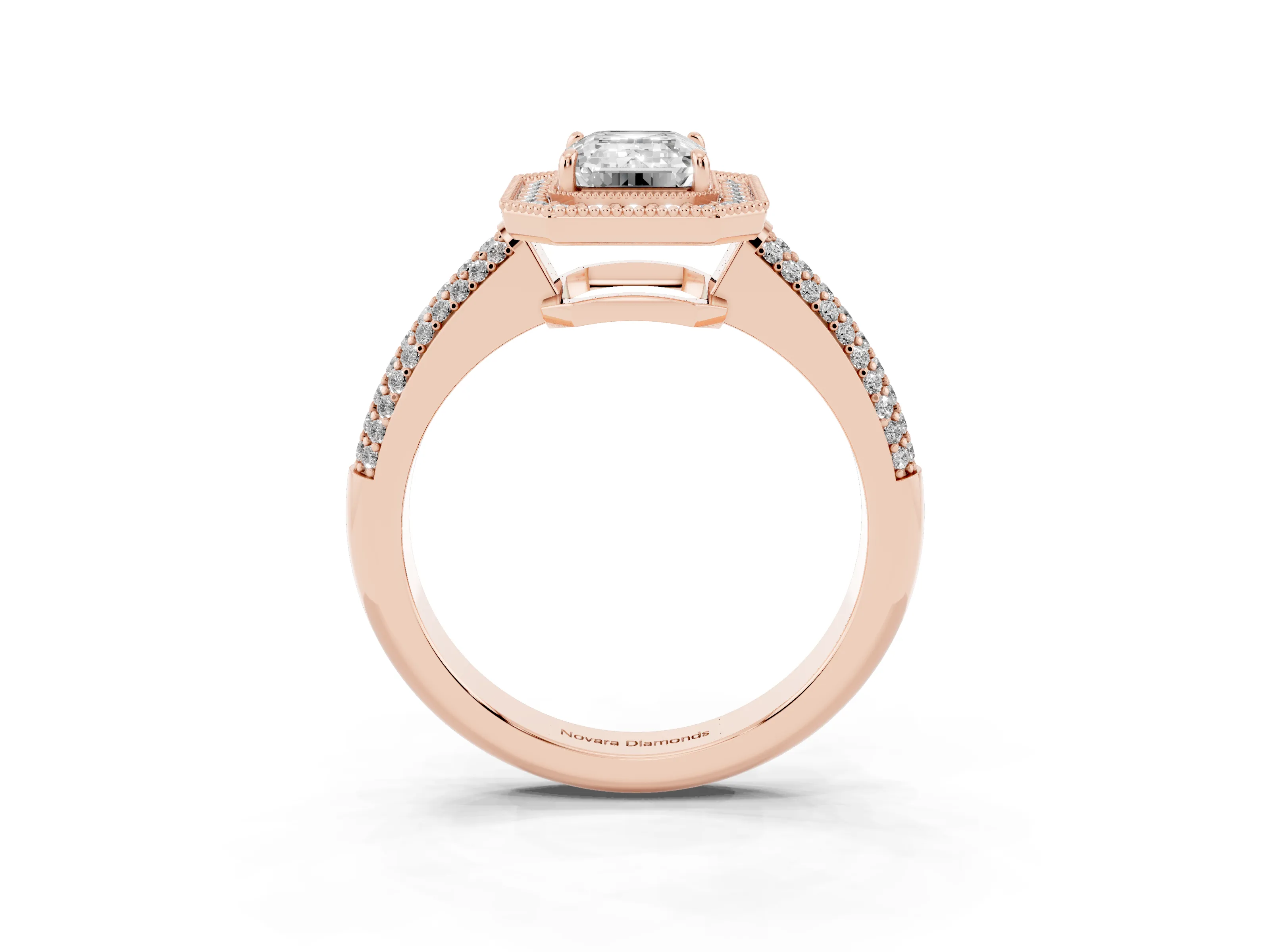 Emerald Cut Diamond Halo Pavé Band Set in Rose gold with Prong Setting