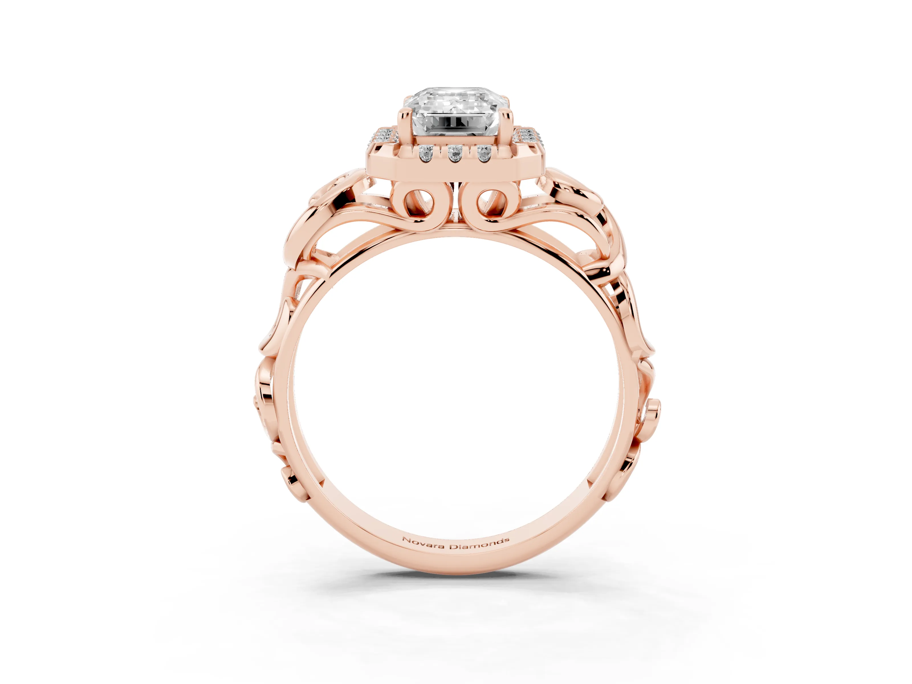 Emerald Cut Vintage Filigree Halo Engagement Ring Setting | Scroll Shoulders | Rose Gold