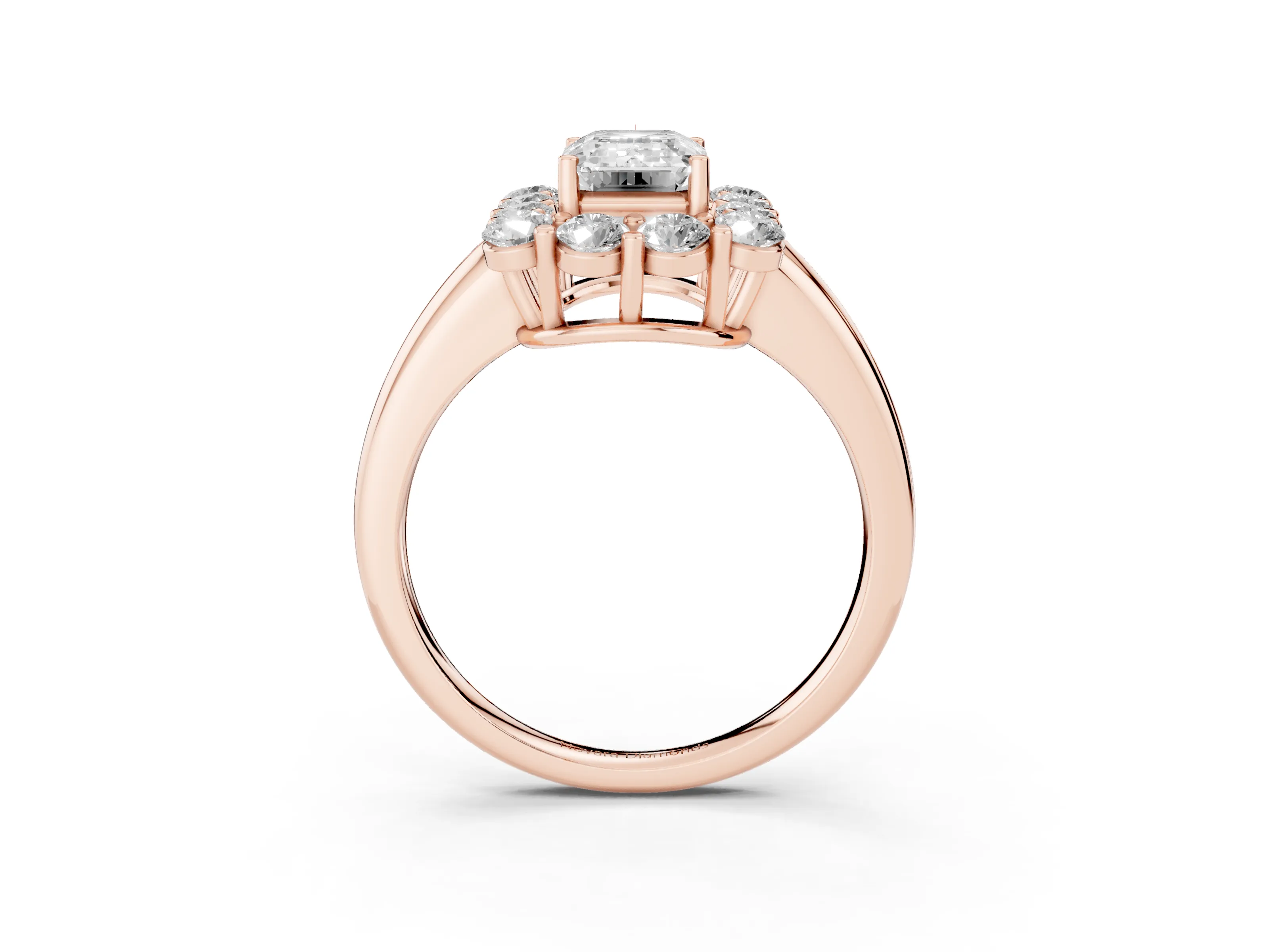 Emerald Cut Diamond Halo Cluster Engagement Ring Set in Rose gold with Polished Band and Prong Setting
