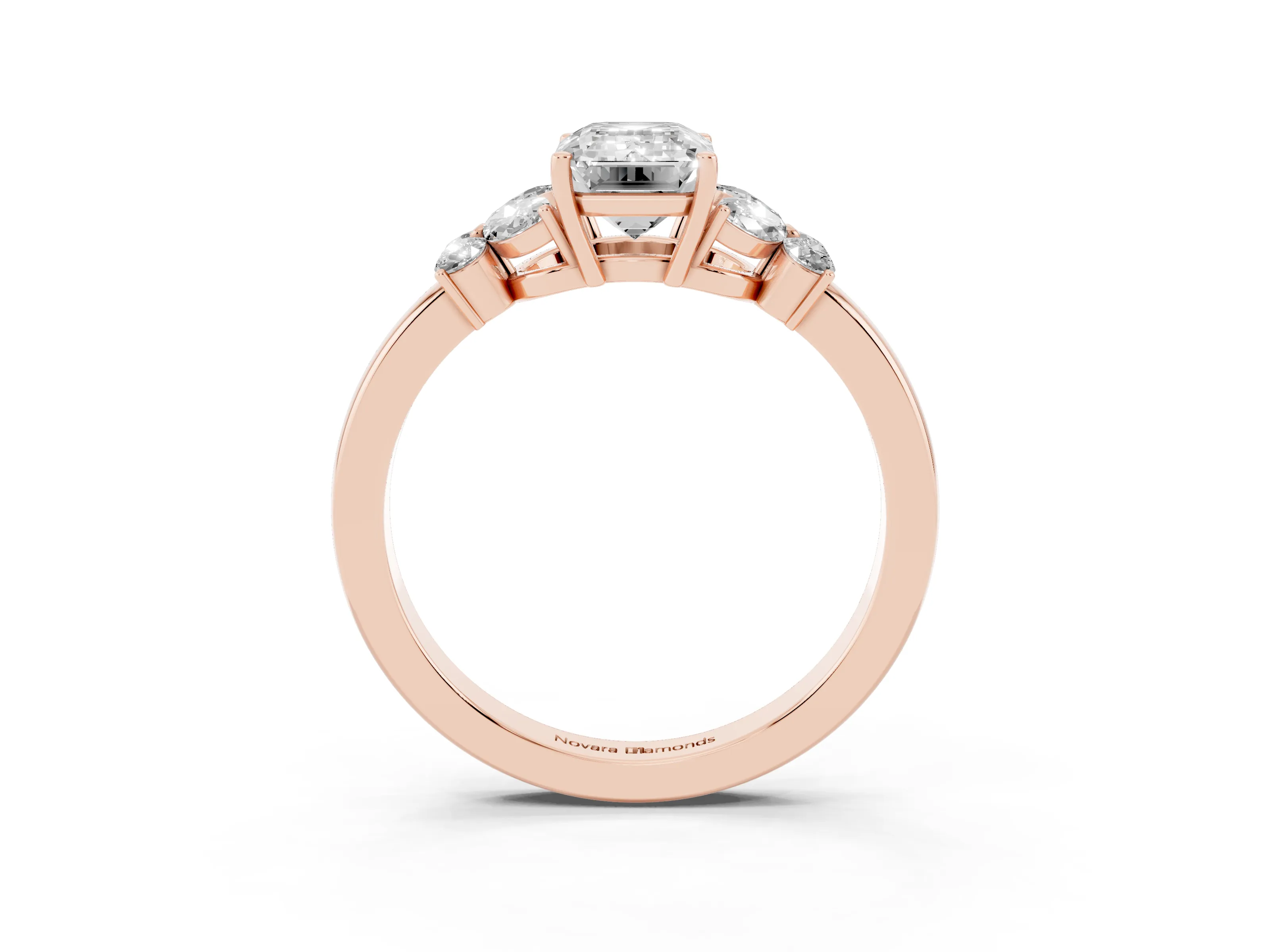 Emerald Cut Diamond Solitaire Floral Ring Set in Rose gold with Marquise Petals and Prong Setting