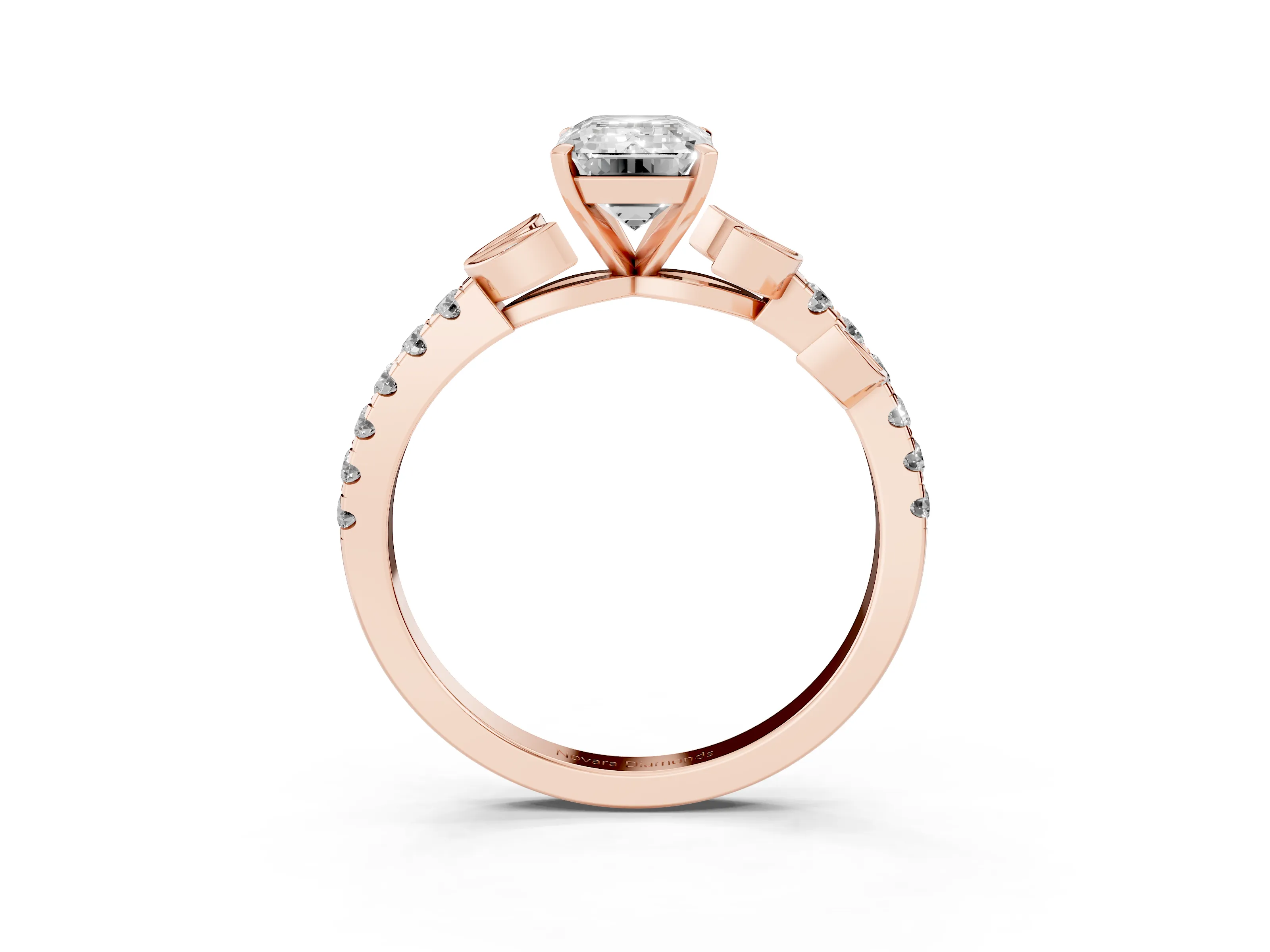 Emerald Cut Diamond Solitaire Leaf-Inspired Ring Set in Rose gold with Pavé Band and Prong Setting