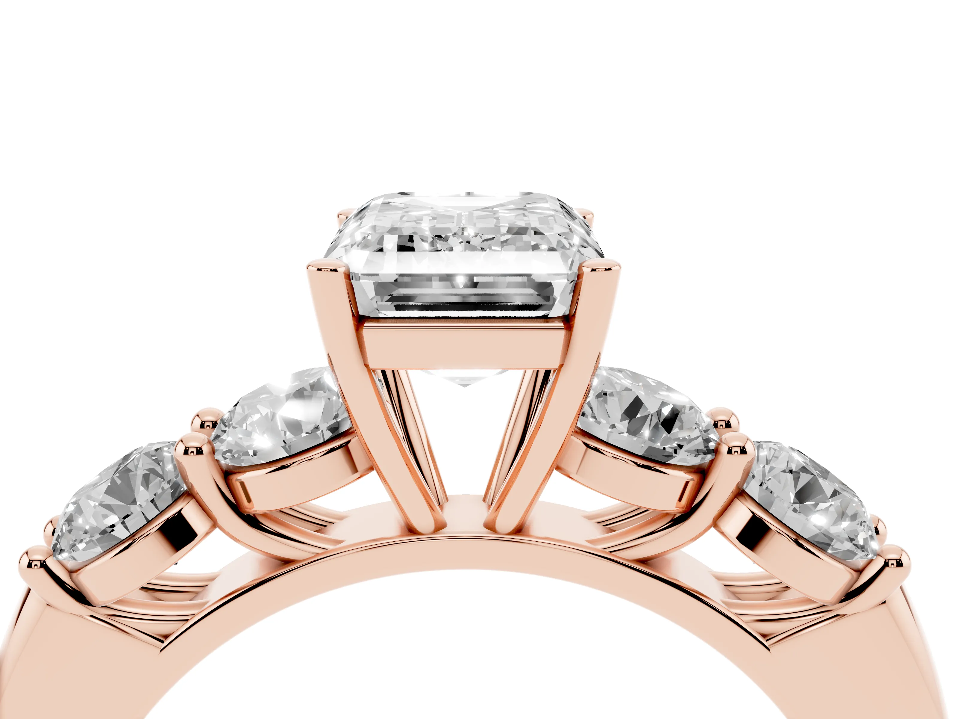 Emerald Cut Diamond Five-Stone Prong Set Ring Set in Rose gold with Classic Band