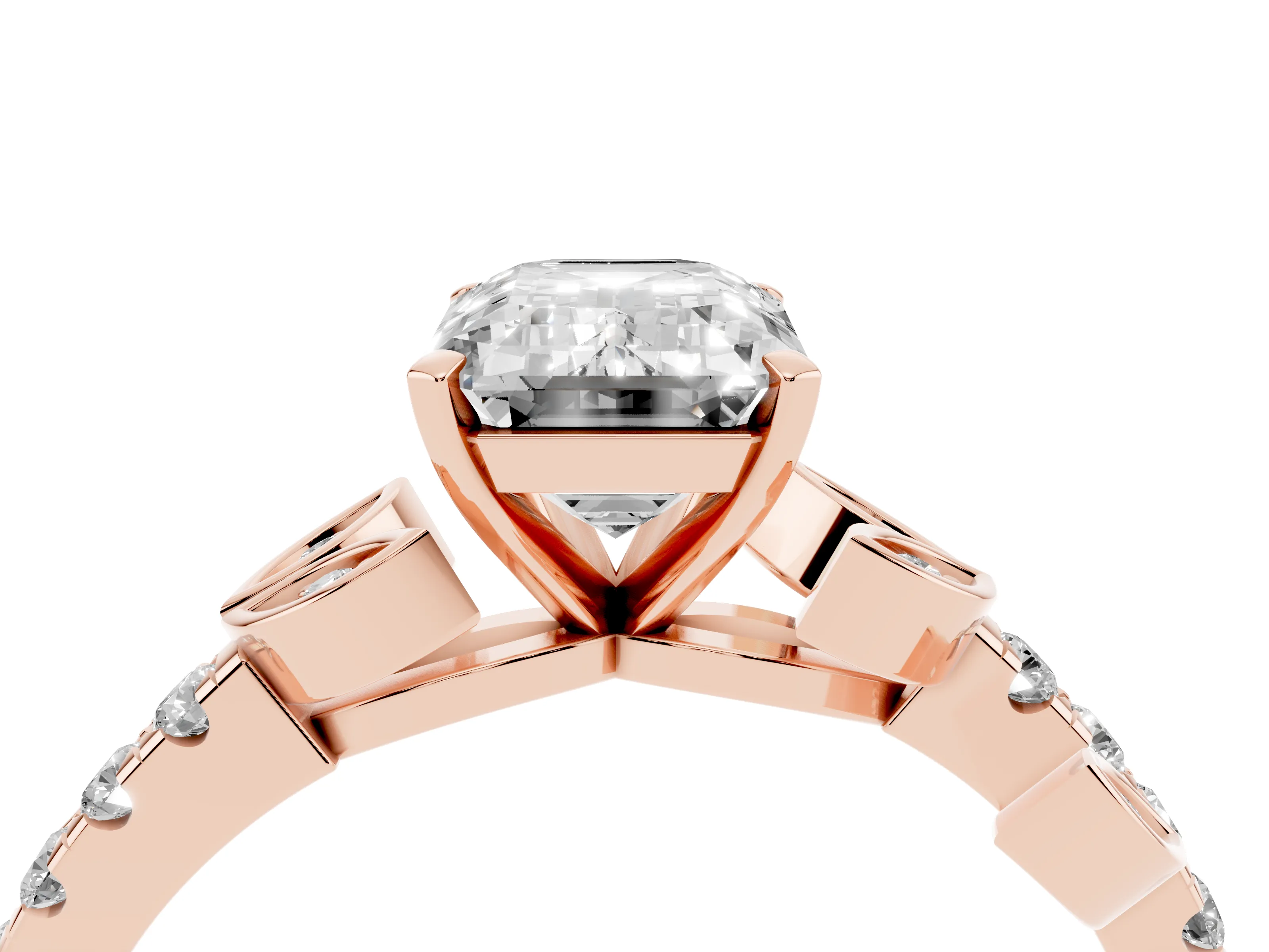 Emerald Cut Diamond Solitaire Leaf-Inspired Ring Set in Rose gold with Pavé Band and Prong Setting