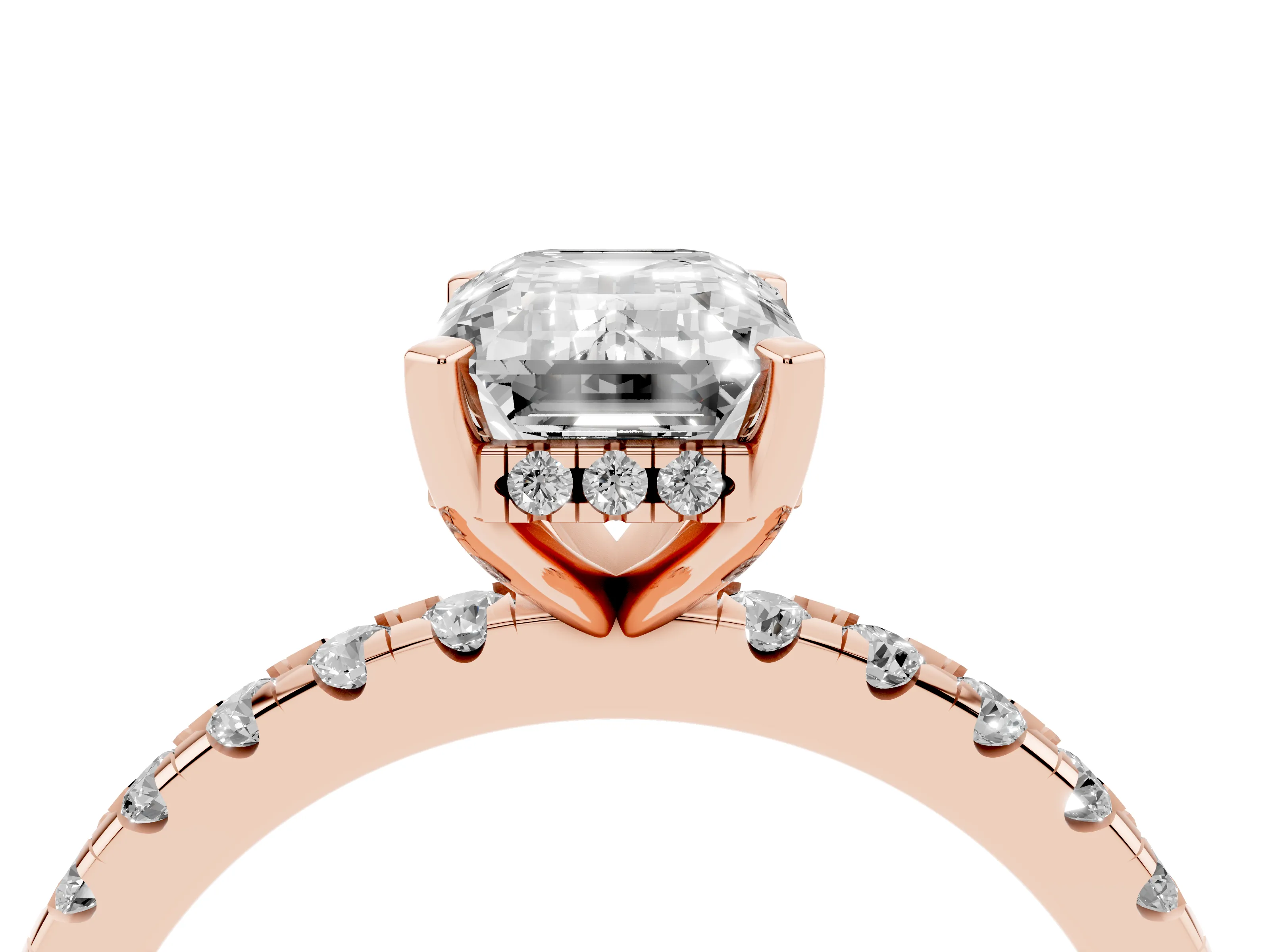Emerald Cut Diamond Pavé Solitaire Ring Set in Rose gold with Round Band Accents and Prong Setting