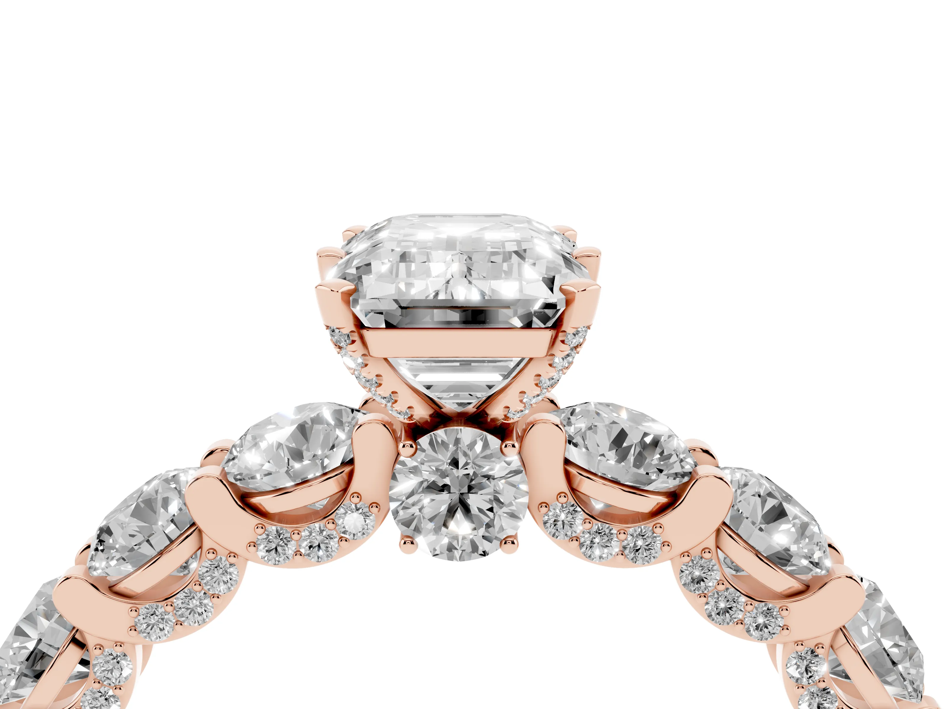 Emerald Cut Diamond Side Stone Ring Set in Rose gold with Alternating Round and Oval Side Stones