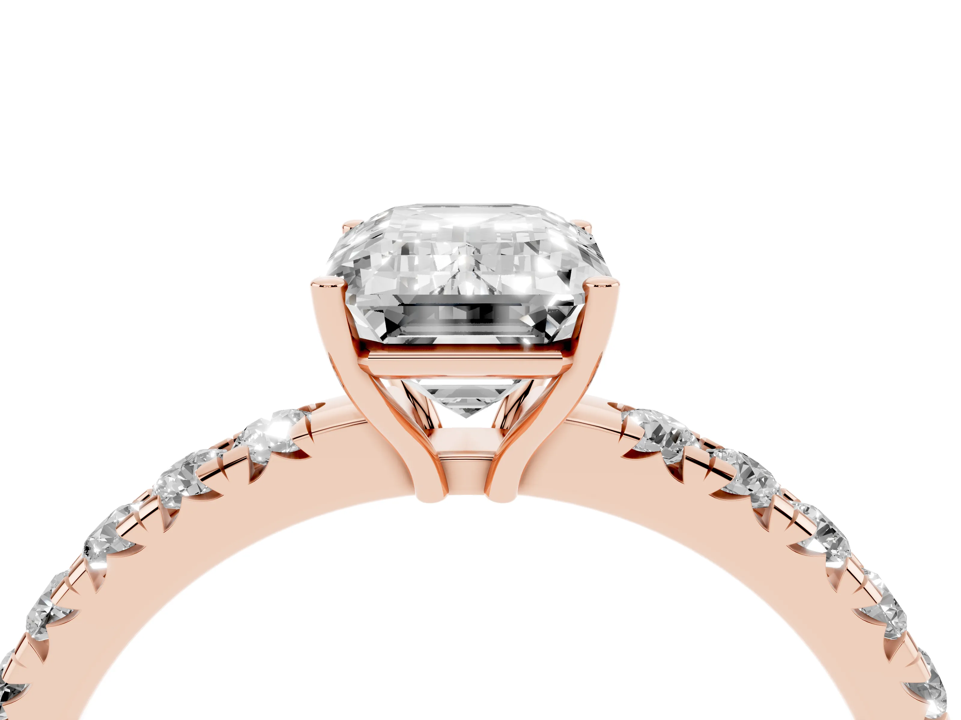 Emerald Cut Diamond Pavé Solitaire Engagement Ring Set in Rose gold with Prong Setting