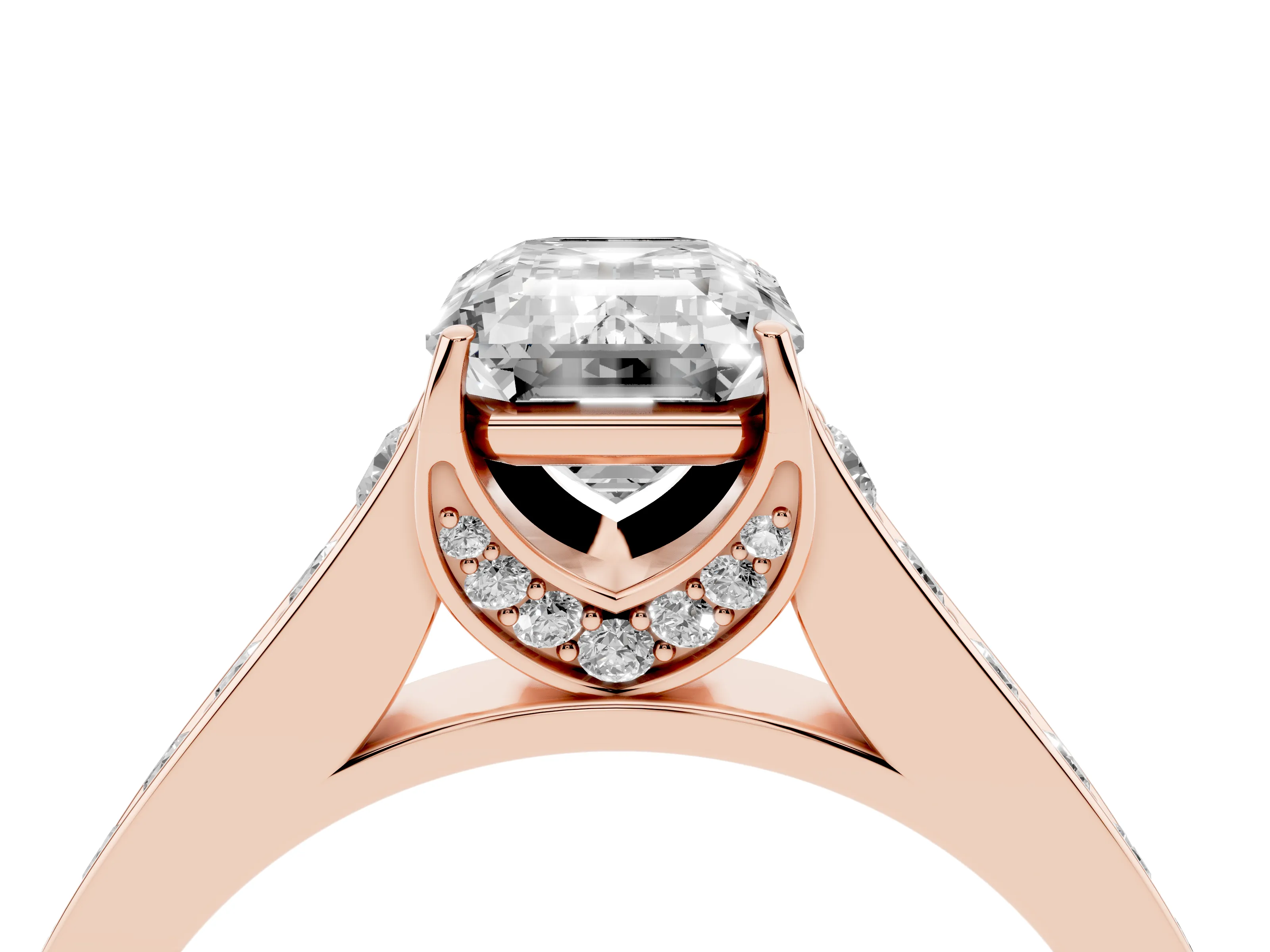 Emerald Cut Diamond Solitaire Pavé Engagement Ring Set in Rose gold with Prong Setting