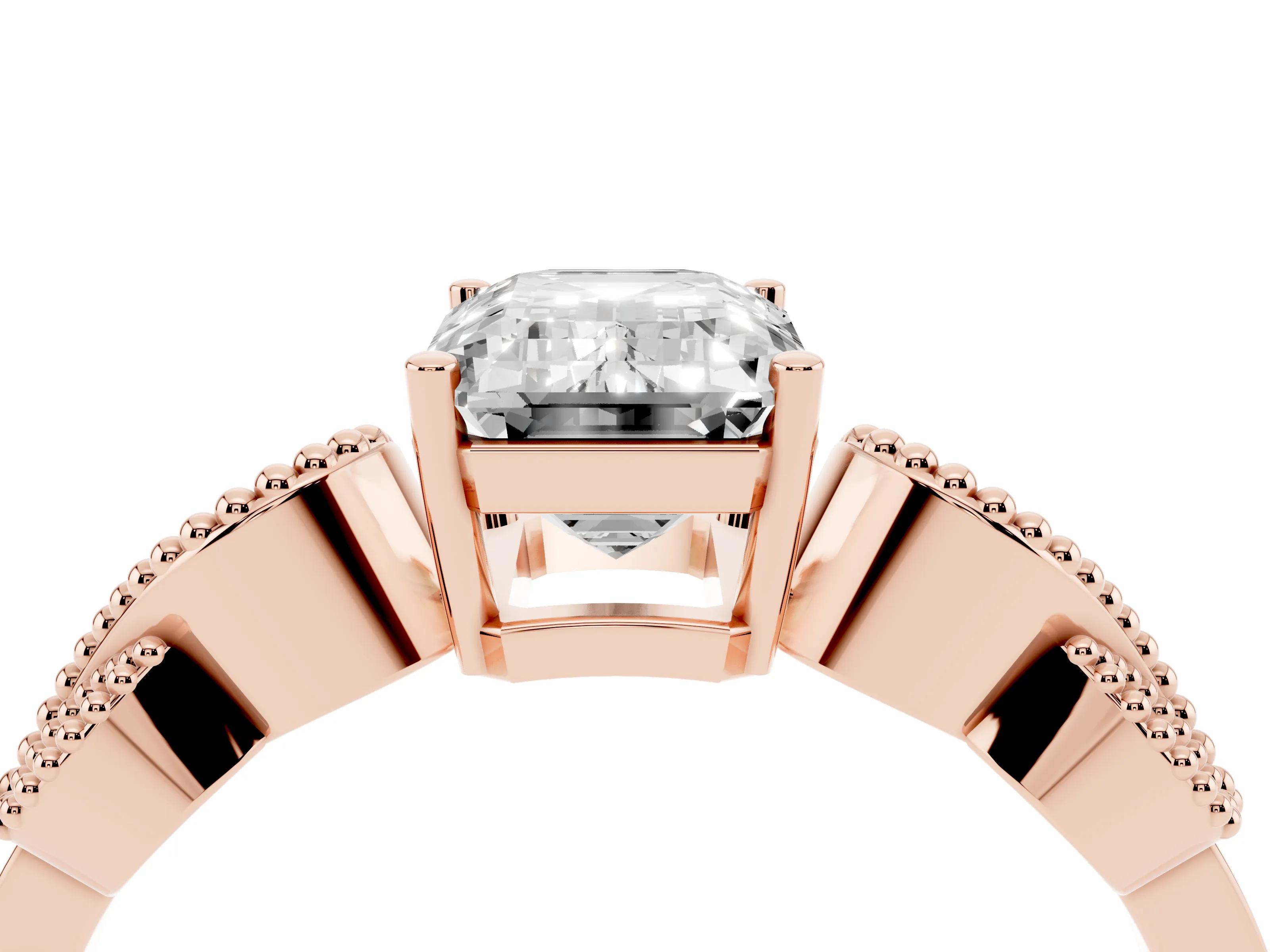 Emerald Cut Diamond Milgrain Leaf Band Solitaire Ring Set in Rose gold with Accent Stones and Prong Setting