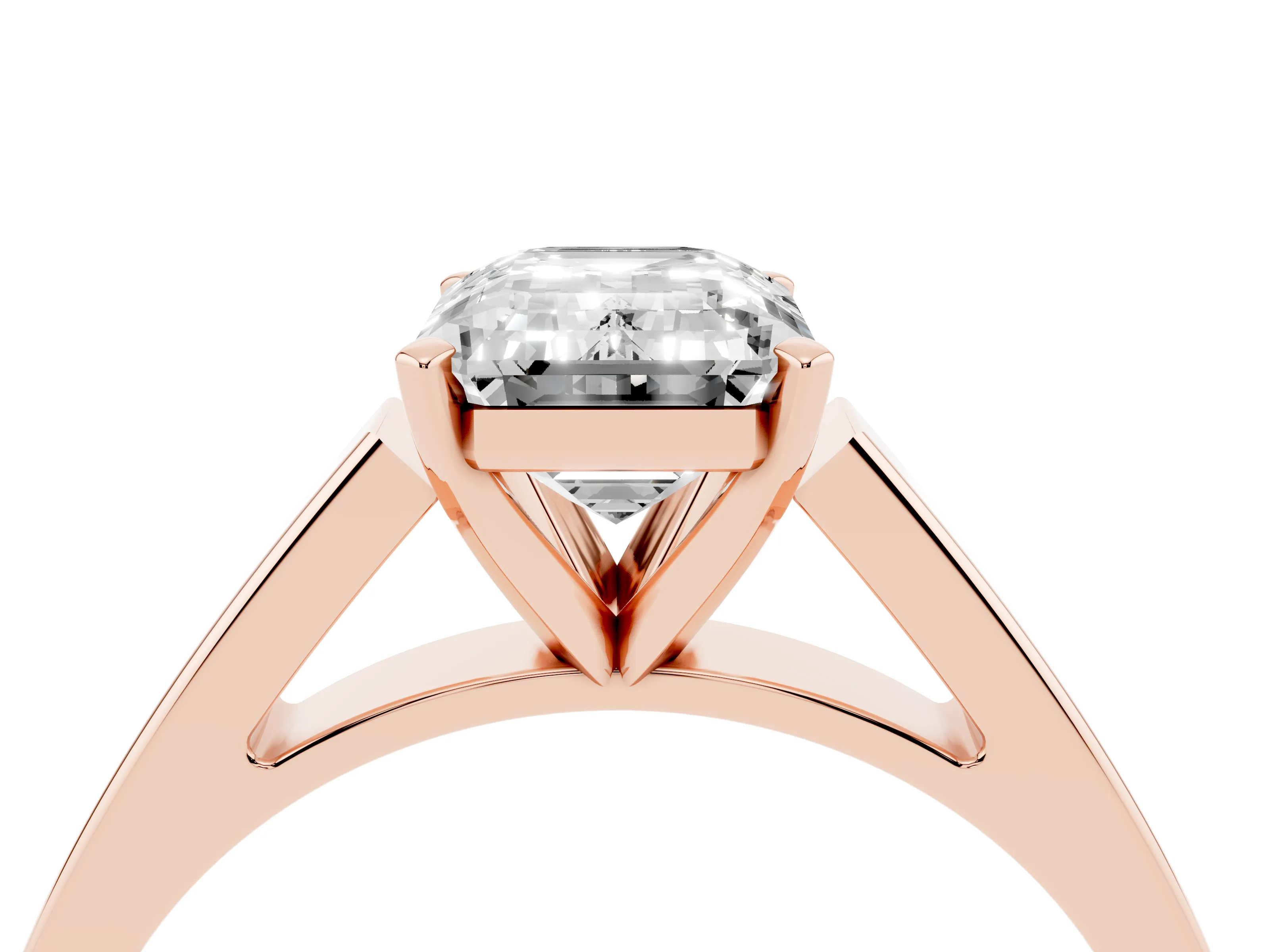 Emerald Cut Diamond Solitaire Engagement Ring Set in Rose gold with Prong Setting and Tapered Band